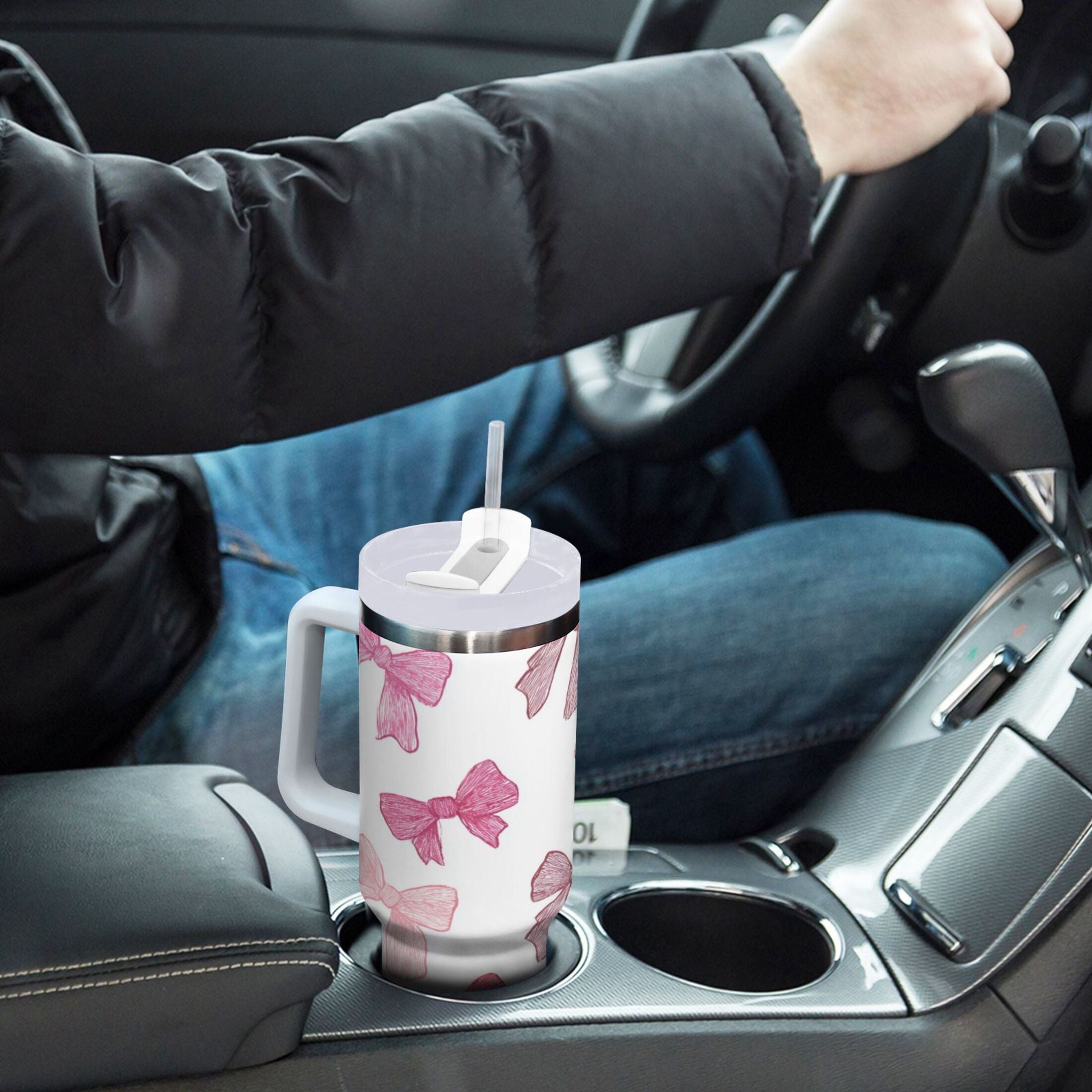 40 oz Insulated Stainless Steel Tumbler Double Wall Stainless Steel Tumbler with 2-Way Drinking Pink Bows Pattern M570E