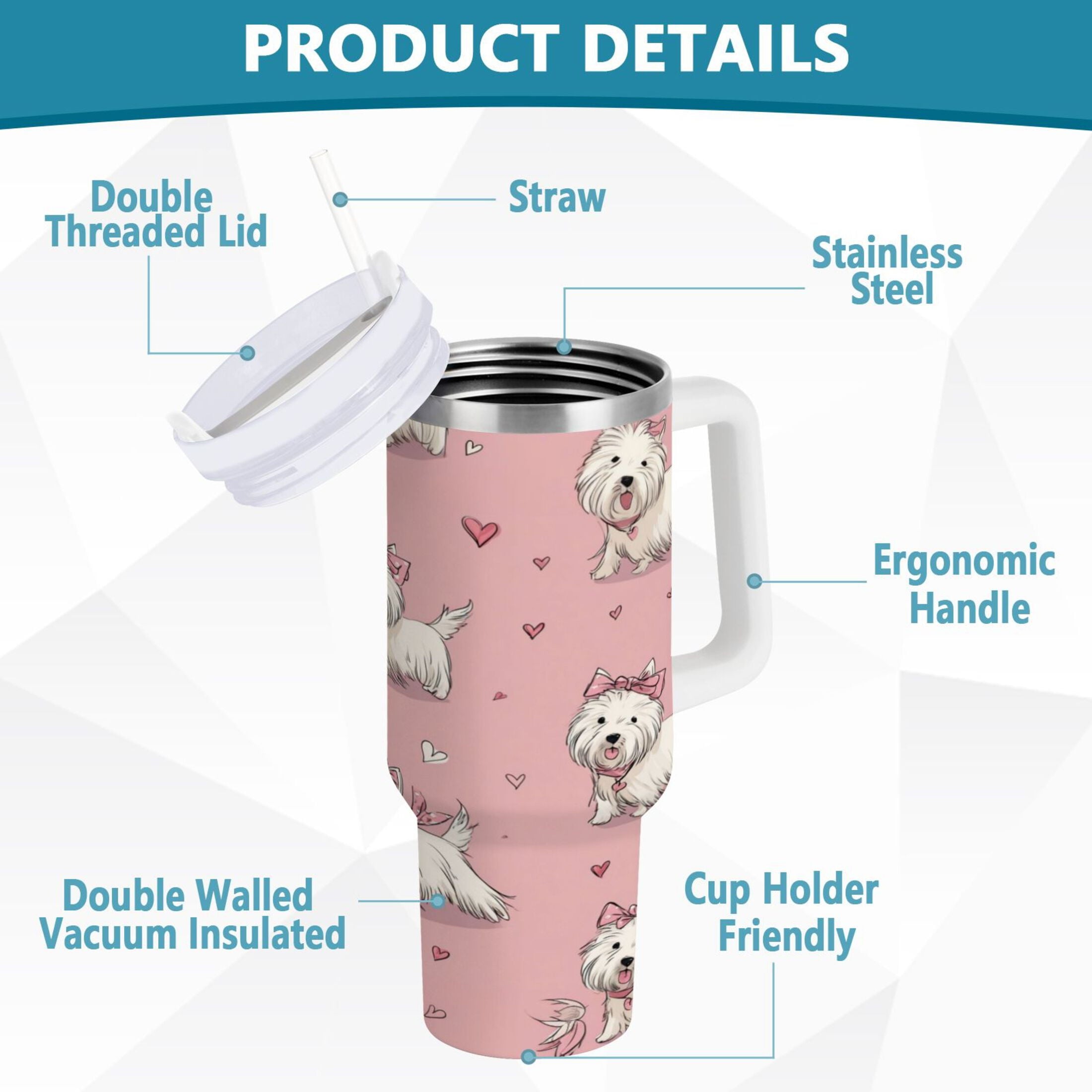 30 oz Insulated Stainless Steel Tumbler Double Wall Stainless Steel Tumbler with 2-Way Drinking Dogs Wearing Bows M659H