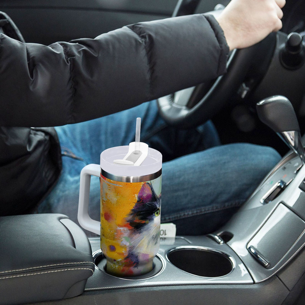 30 oz Insulated Stainless Steel Tumbler Double Wall Stainless Steel Tumbler with 2-Way Drinking Charming Hairy Cat M672B