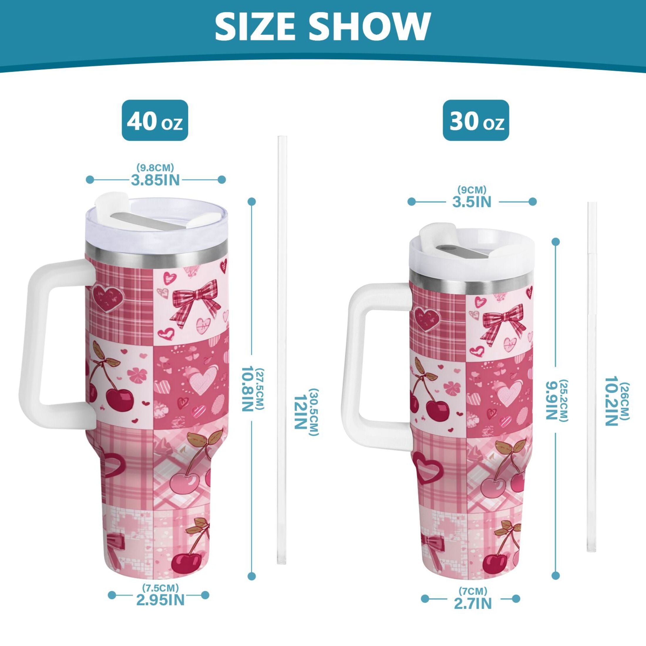 30 oz Insulated Stainless Steel Tumbler Double Wall Stainless Steel Tumbler with 2-Way Drinking Cherry Pattern with Bows M634P