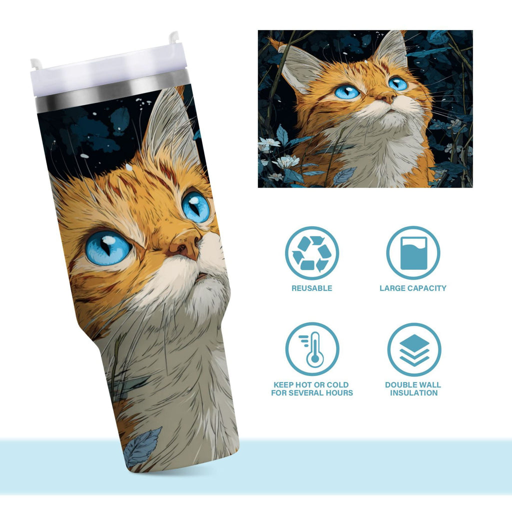 30 oz Insulated Stainless Steel Tumbler Double Wall Stainless Steel Tumbler with 2-Way Drinking Orange Cat with Blue Eyes M585S