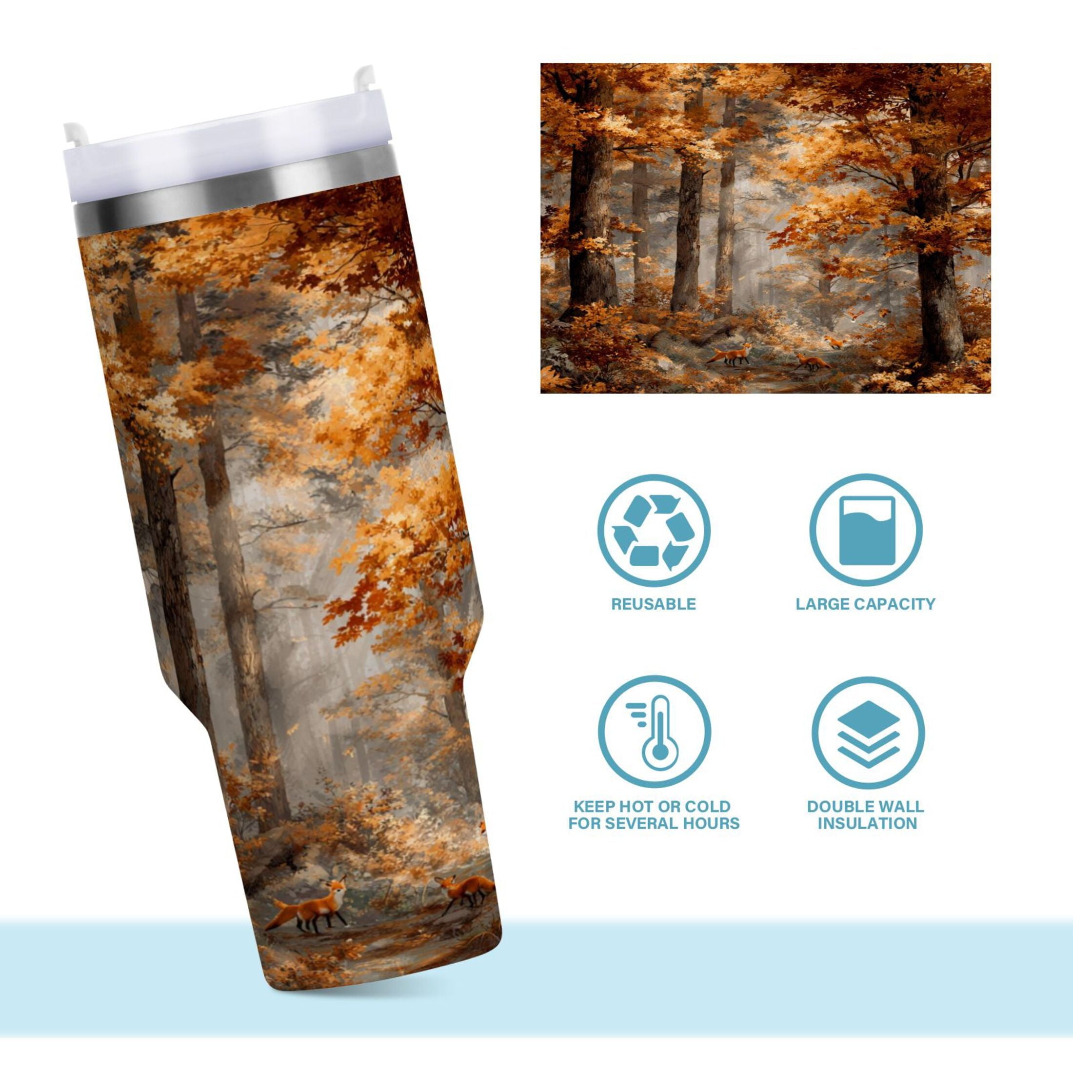 30 oz Insulated Stainless Steel Tumbler Double Wall Stainless Steel Tumbler with 2-Way Drinking Beautiful Autumn Forest M556X