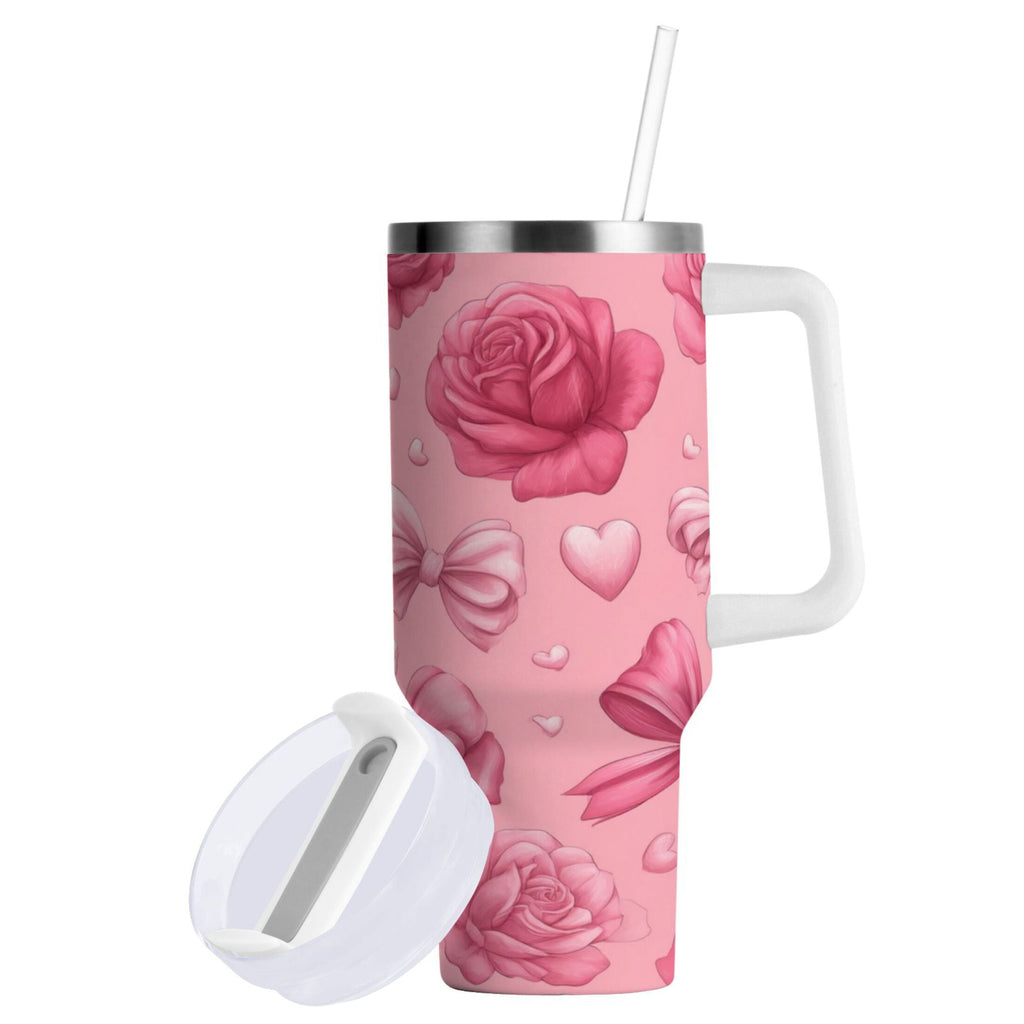 40 oz Insulated Stainless Steel Tumbler Double Wall Stainless Steel Tumbler with 2-Way Drinking Roses and Bows Pattern M661B