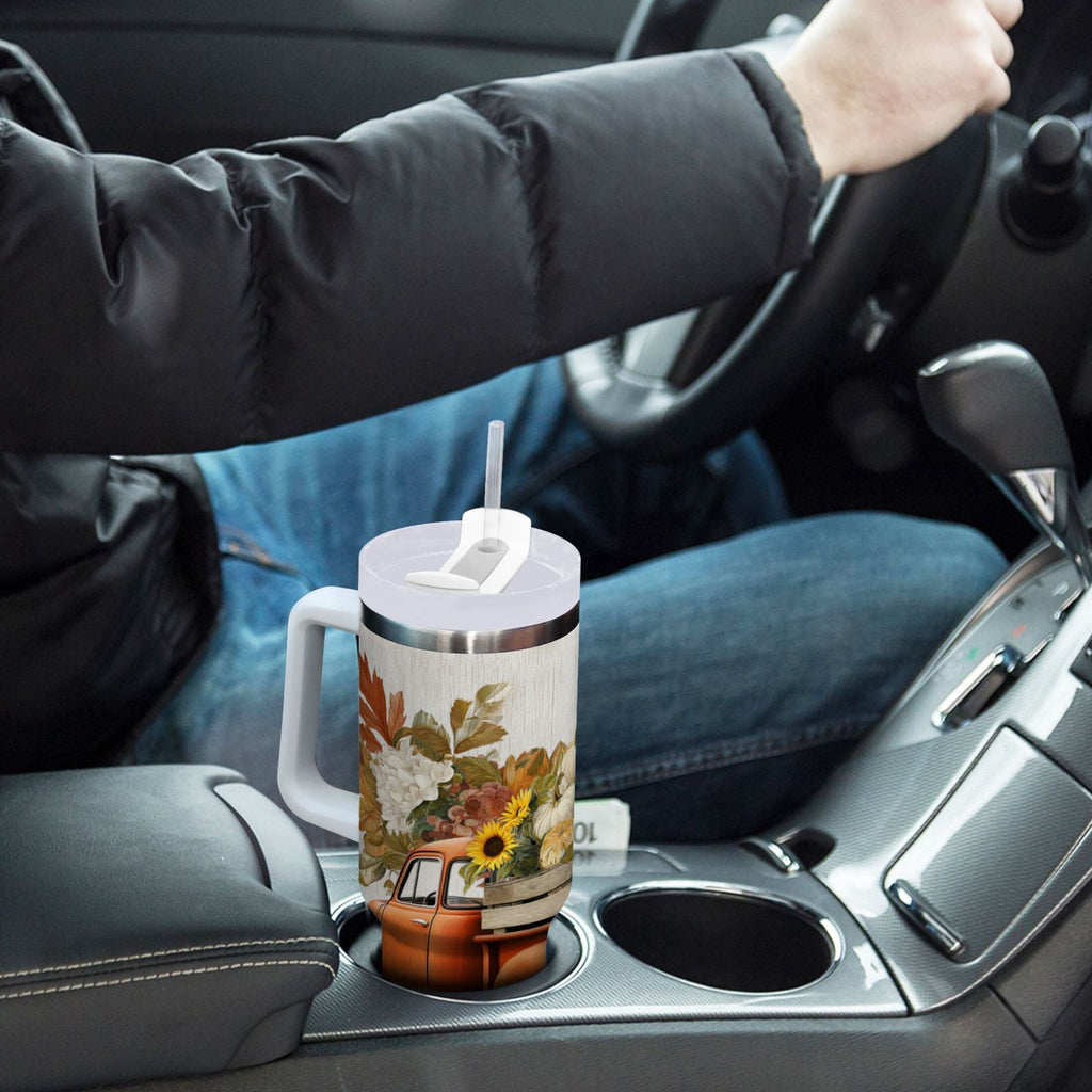 40 oz Insulated Stainless Steel Tumbler Double Wall Stainless Steel Tumbler with 2-Way Drinking Truck Full Of Pumpkins M650Q