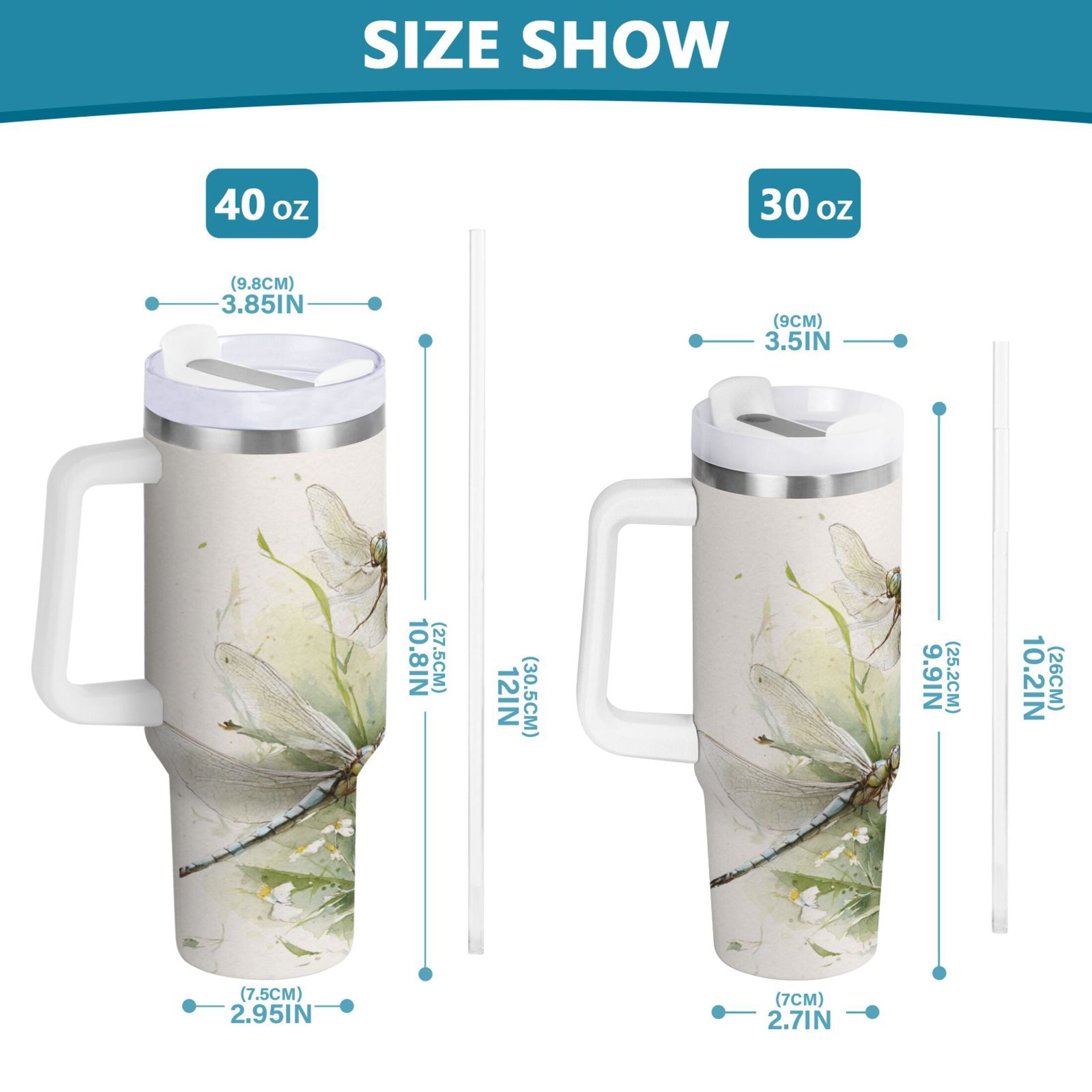 30 oz Insulated Stainless Steel Tumbler Double Wall Stainless Steel Tumbler with 2-Way Drinking Dragonflies with White Daisies M655U