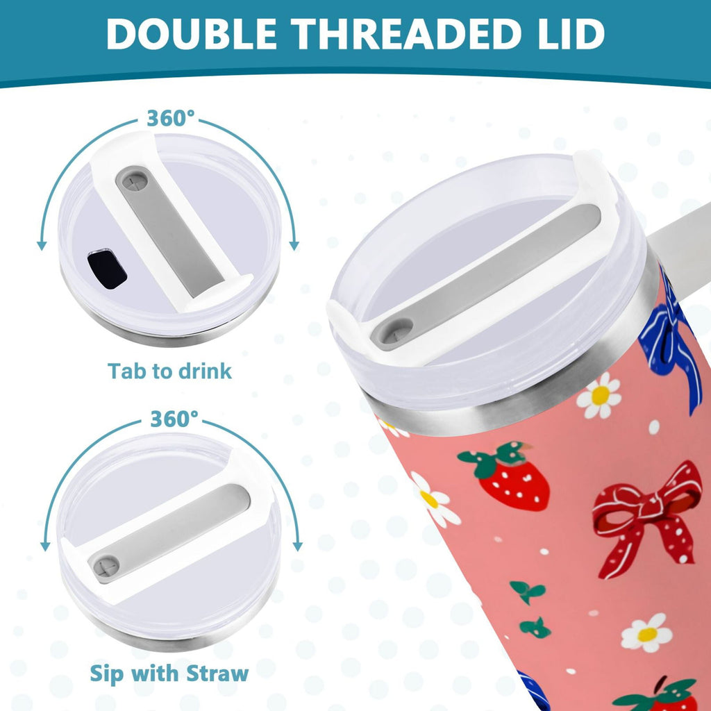 40 oz Insulated Stainless Steel Tumbler Double Wall Stainless Steel Tumbler with 2-Way Drinking Bows and Strawberries Pattern M511V