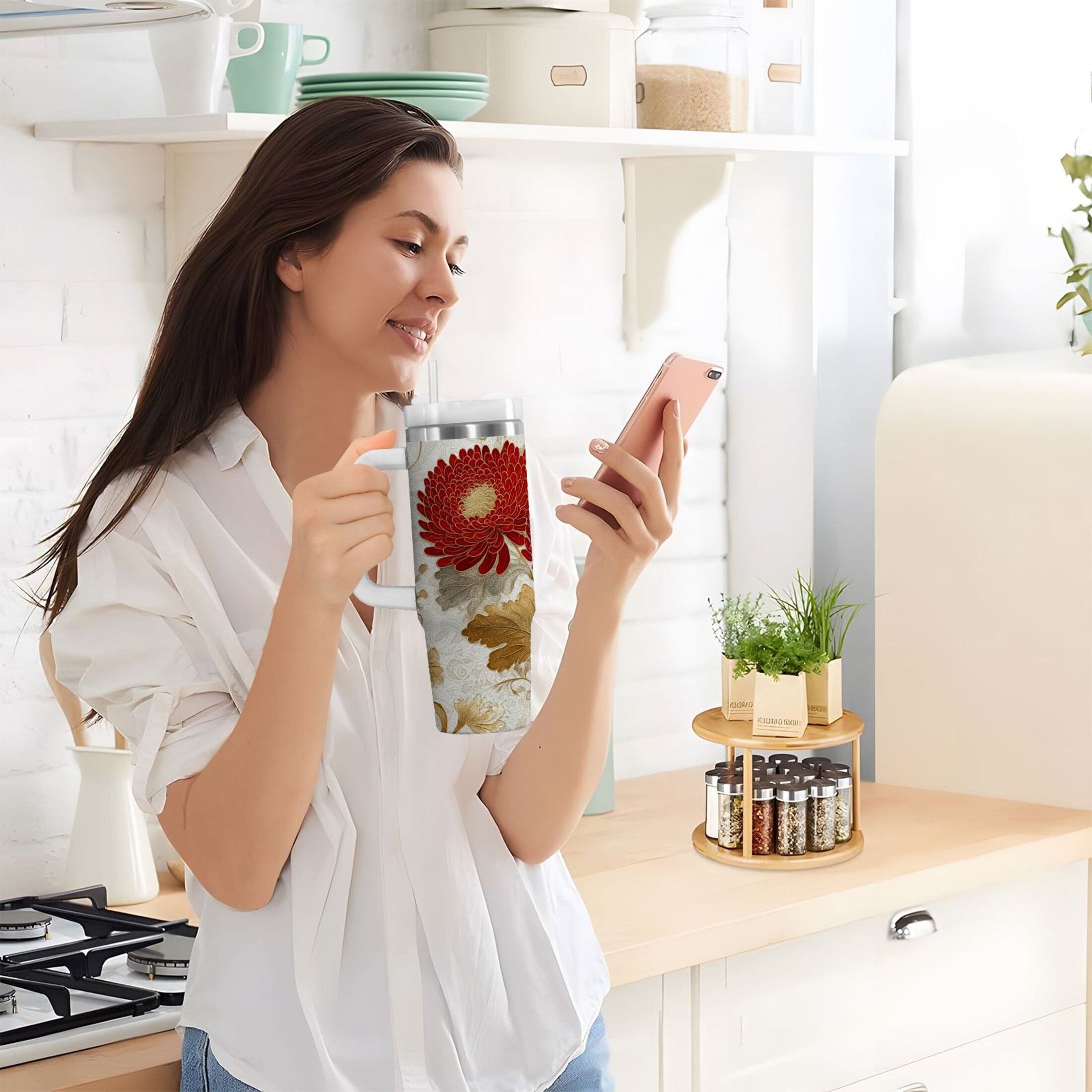 30 oz Insulated Stainless Steel Tumbler Double Wall Stainless Steel Tumbler with 2-Way Drinking Red Chrysanthemum Pattern M676A