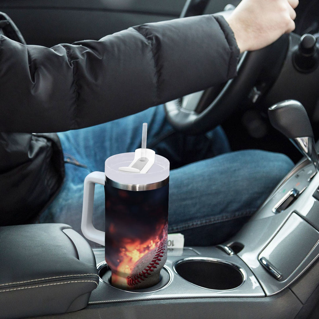 40 oz Insulated Stainless Steel Tumbler Double Wall Stainless Steel Tumbler with 2-Way Drinking Baseball with Water and Fire M680Y
