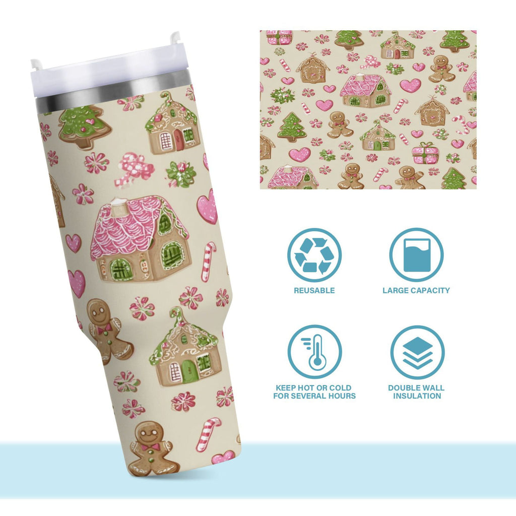40 oz Insulated Stainless Steel Tumbler Double Wall Stainless Steel Tumbler with 2-Way Drinking Pink Cute Christmas Pattern M564U