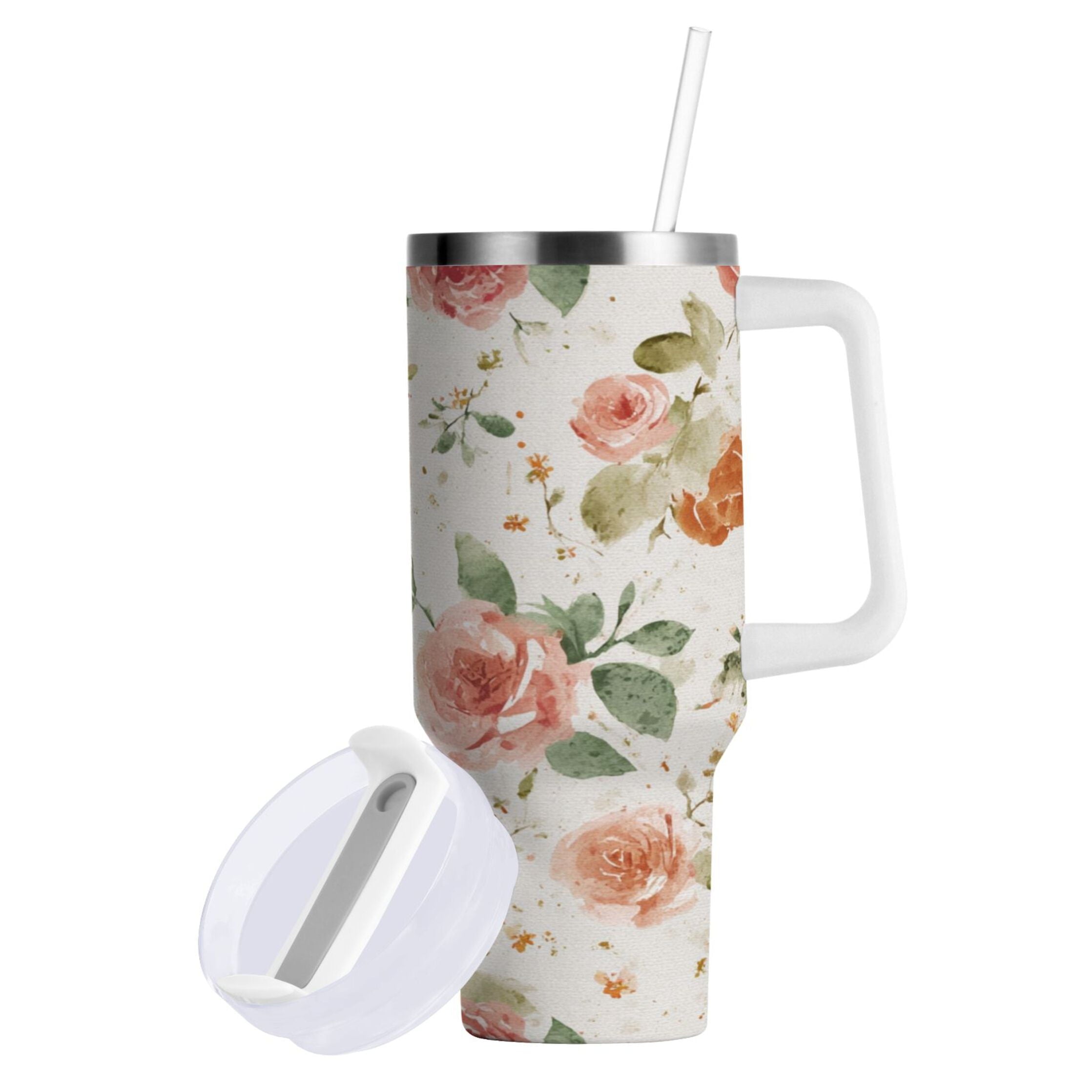 40 oz Insulated Stainless Steel Tumbler Double Wall Stainless Steel Tumbler with 2-Way Drinking Watercolor Rose Floral Pattern M499U
