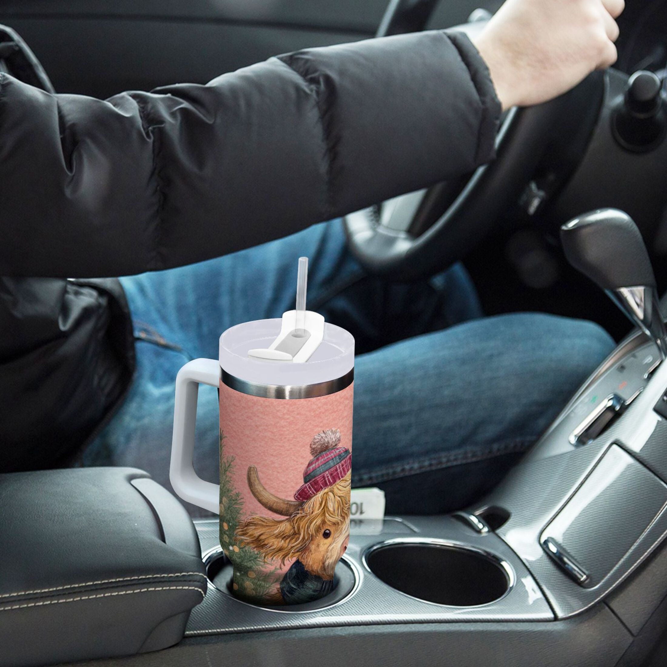 30 oz Insulated Stainless Steel Tumbler Double Wall Stainless Steel Tumbler with 2-Way Drinking Cow Wearing Scarf and Hat M663E