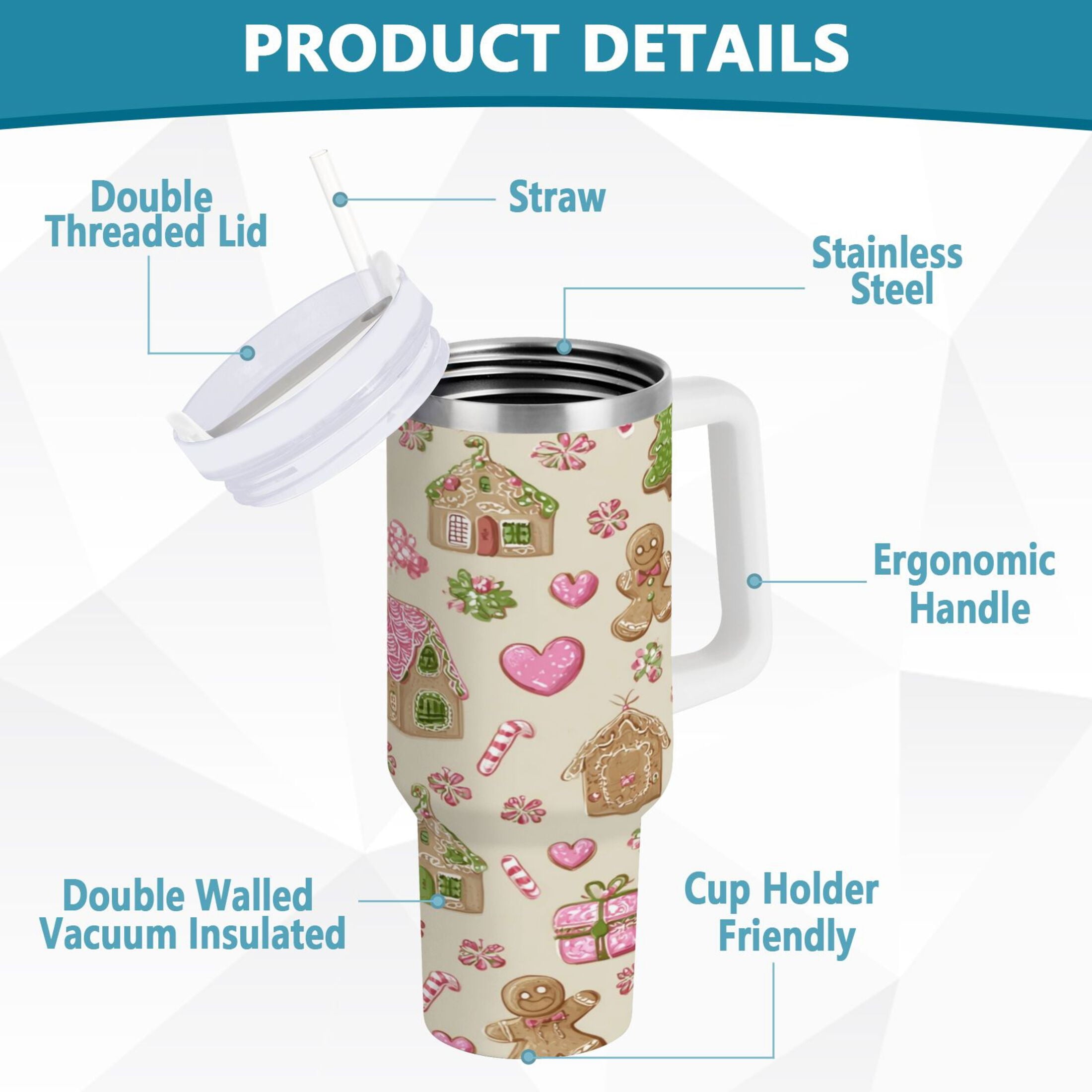 40 oz Insulated Stainless Steel Tumbler Double Wall Stainless Steel Tumbler with 2-Way Drinking Pink Cute Christmas Pattern M564U