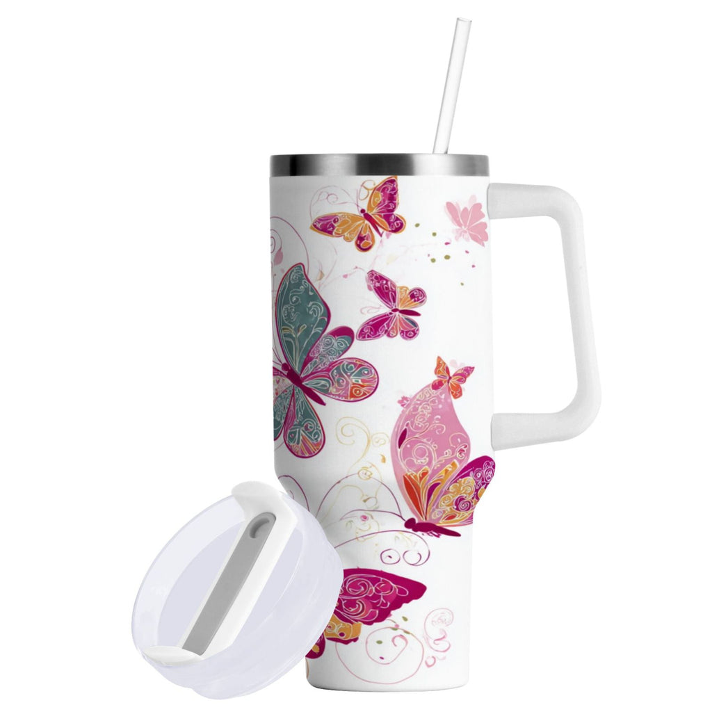 30 oz Insulated Stainless Steel Tumbler Double Wall Stainless Steel Tumbler with 2-Way Drinking Colorful Butterflies M605P