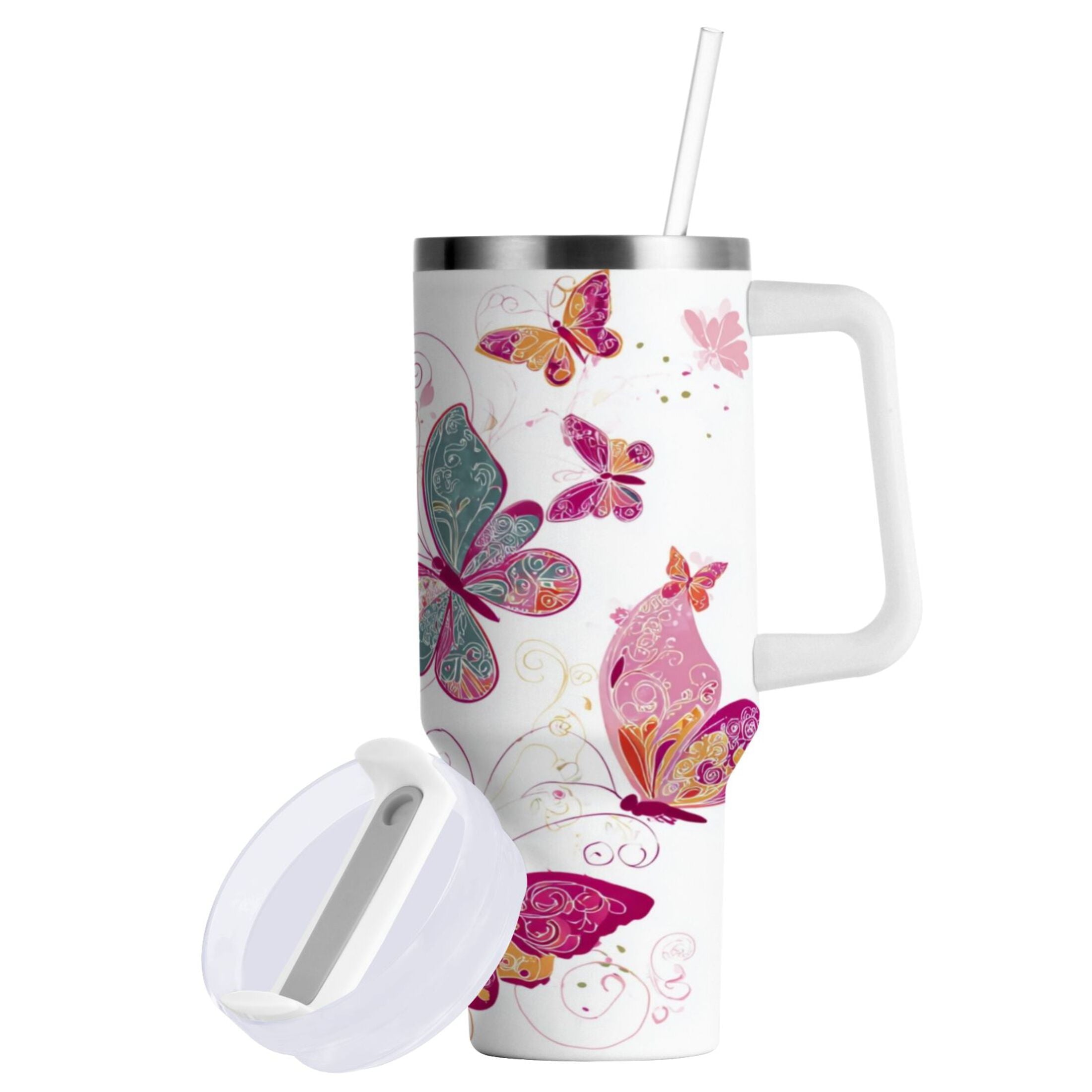 30 oz Insulated Stainless Steel Tumbler Double Wall Stainless Steel Tumbler with 2-Way Drinking Colorful Butterflies M605P