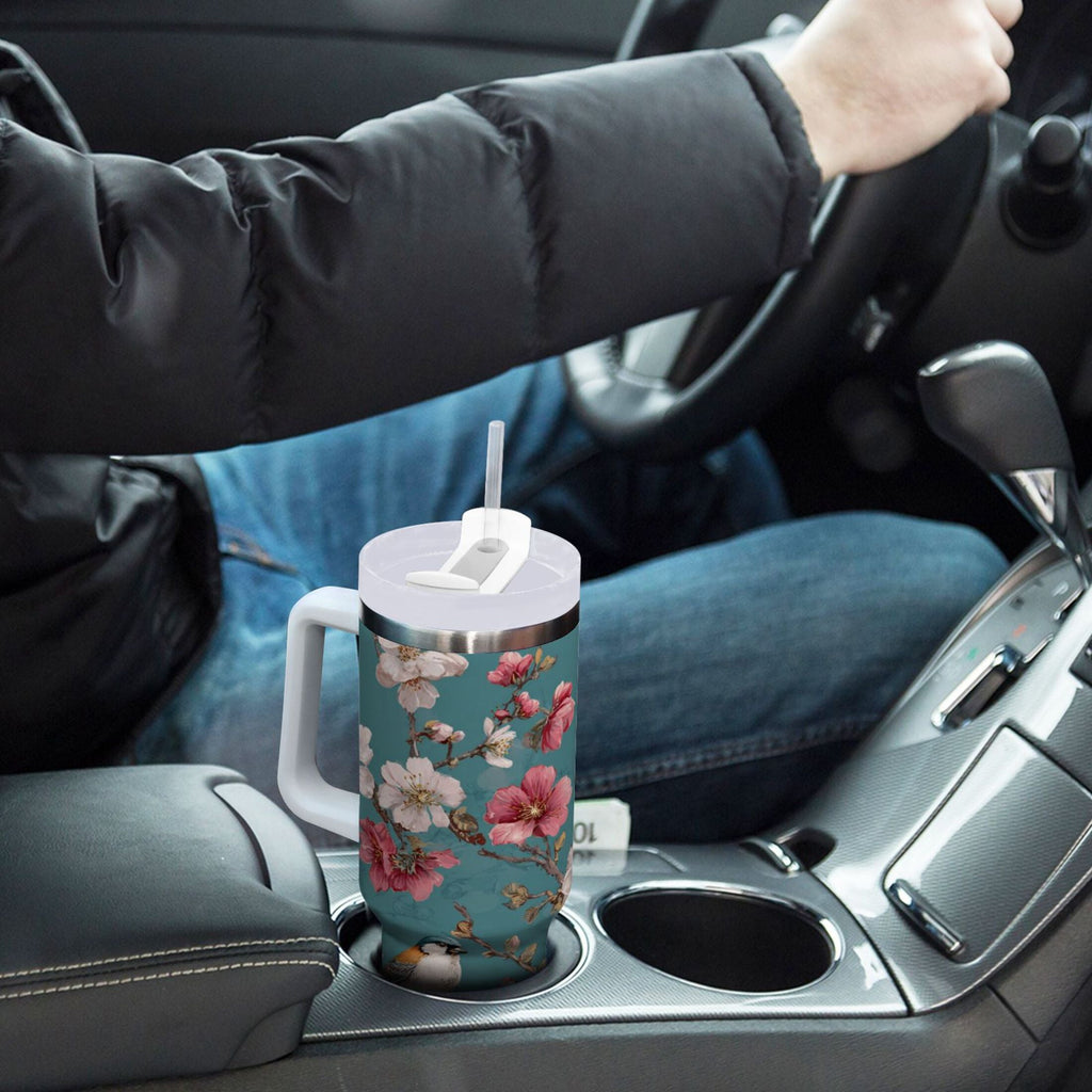 30 oz Insulated Stainless Steel Tumbler Double Wall Stainless Steel Tumbler with 2-Way Drinking Birds and Cherry Pattern M537H
