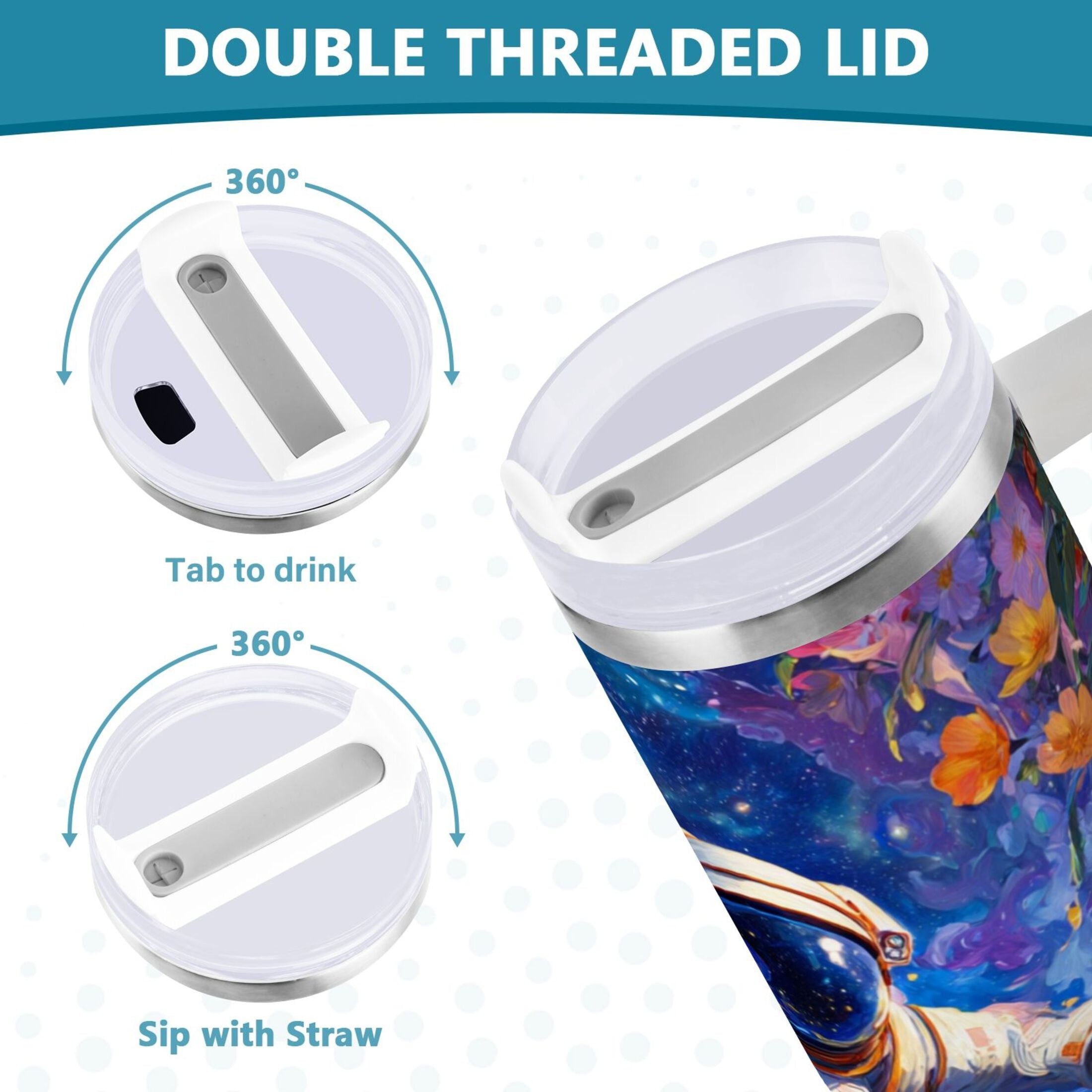 40 oz Insulated Stainless Steel Tumbler Double Wall Stainless Steel Tumbler with 2-Way Drinking Astronaut and Colorful Flowers M562A
