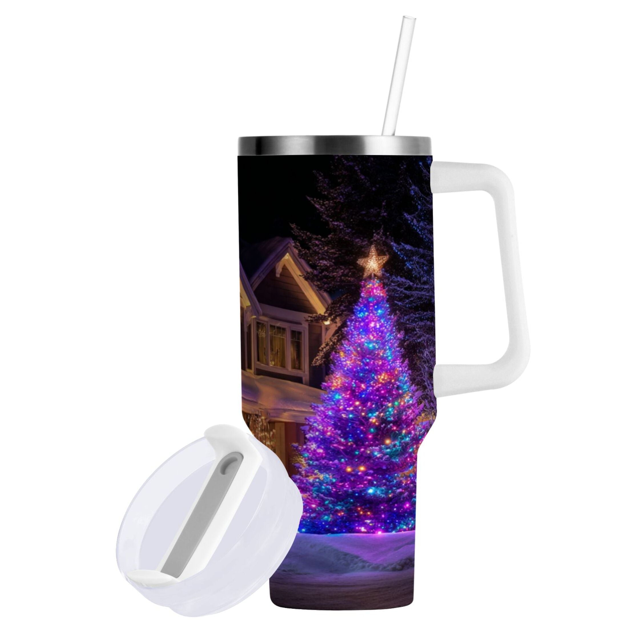 40 oz Insulated Stainless Steel Tumbler Double Wall Stainless Steel Tumbler with 2-Way Drinking Christmas Trees with Lights M664N