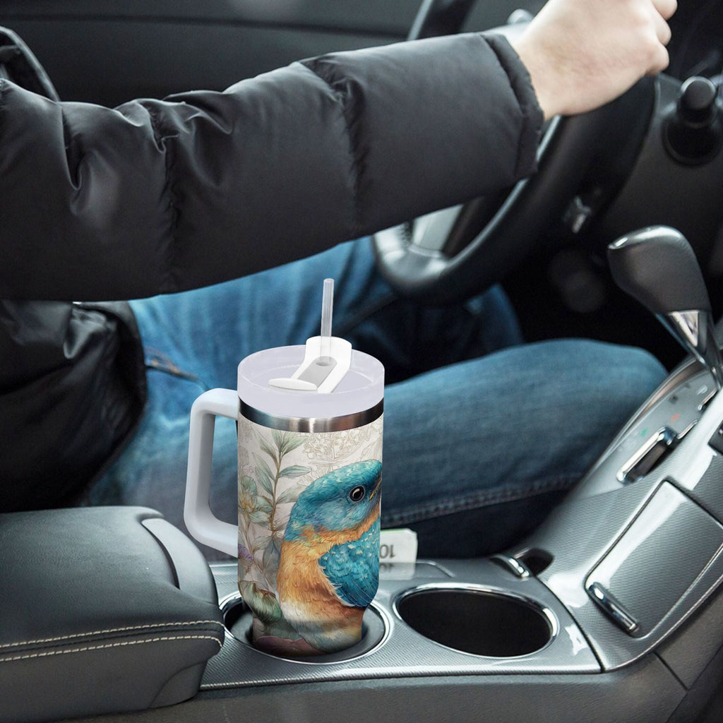 30 oz Insulated Stainless Steel Tumbler Double Wall Stainless Steel Tumbler with 2-Way Drinking Bluebird and Flower M538M