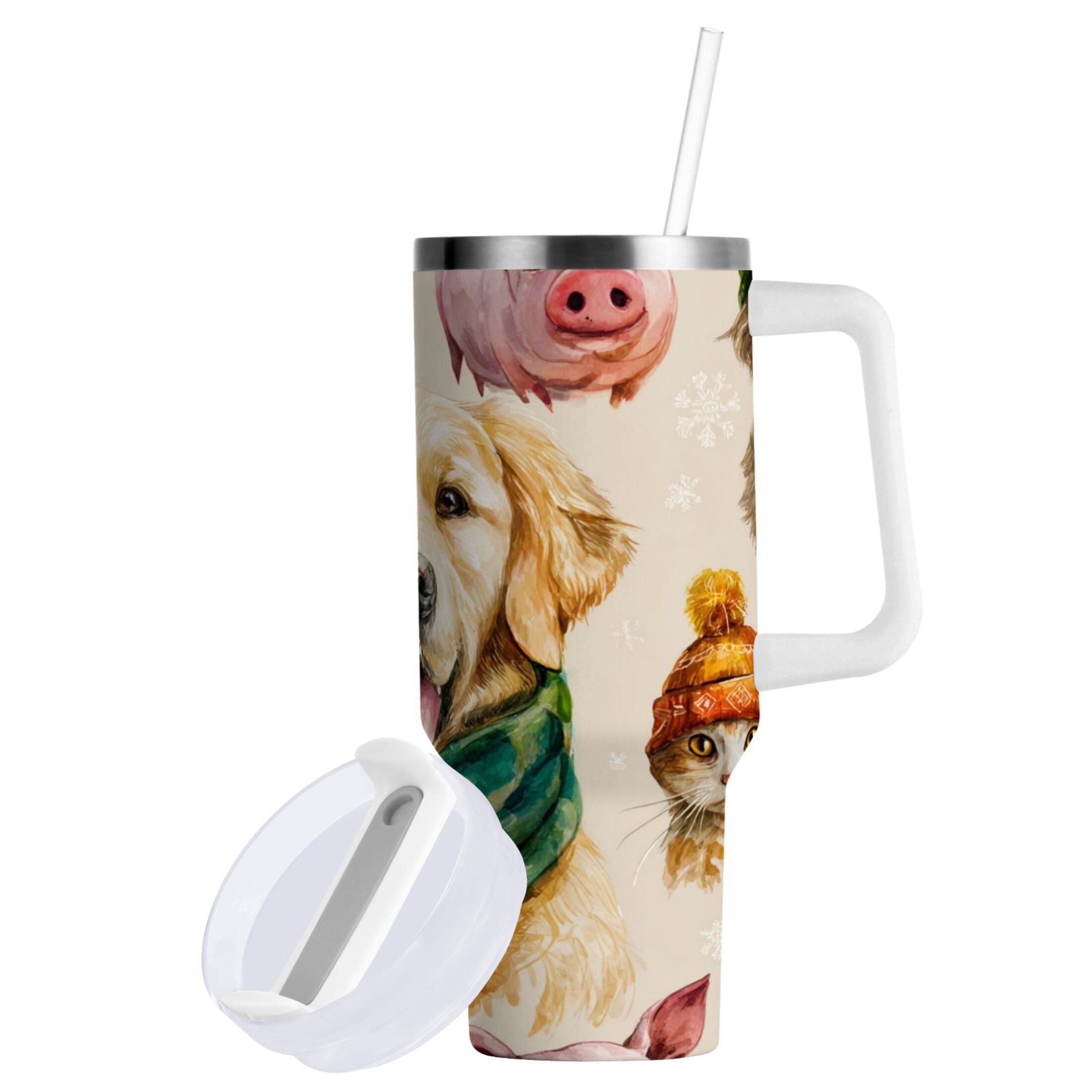 30 oz Insulated Stainless Steel Tumbler Double Wall Stainless Steel Tumbler with 2-Way Drinking Watercolor Animals Pattern M618Q
