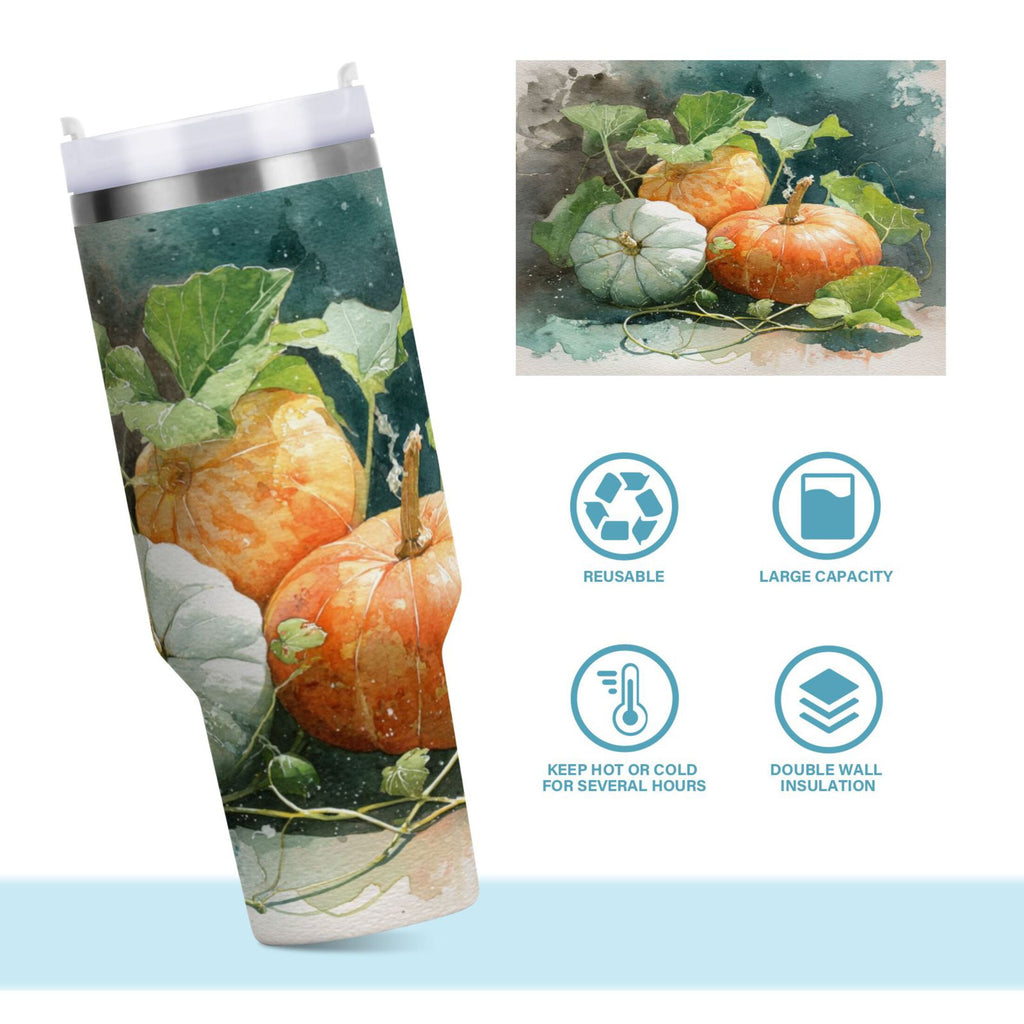 40 oz Insulated Stainless Steel Tumbler Double Wall Stainless Steel Tumbler with 2-Way Drinking Orange and White Pumpkins M535T