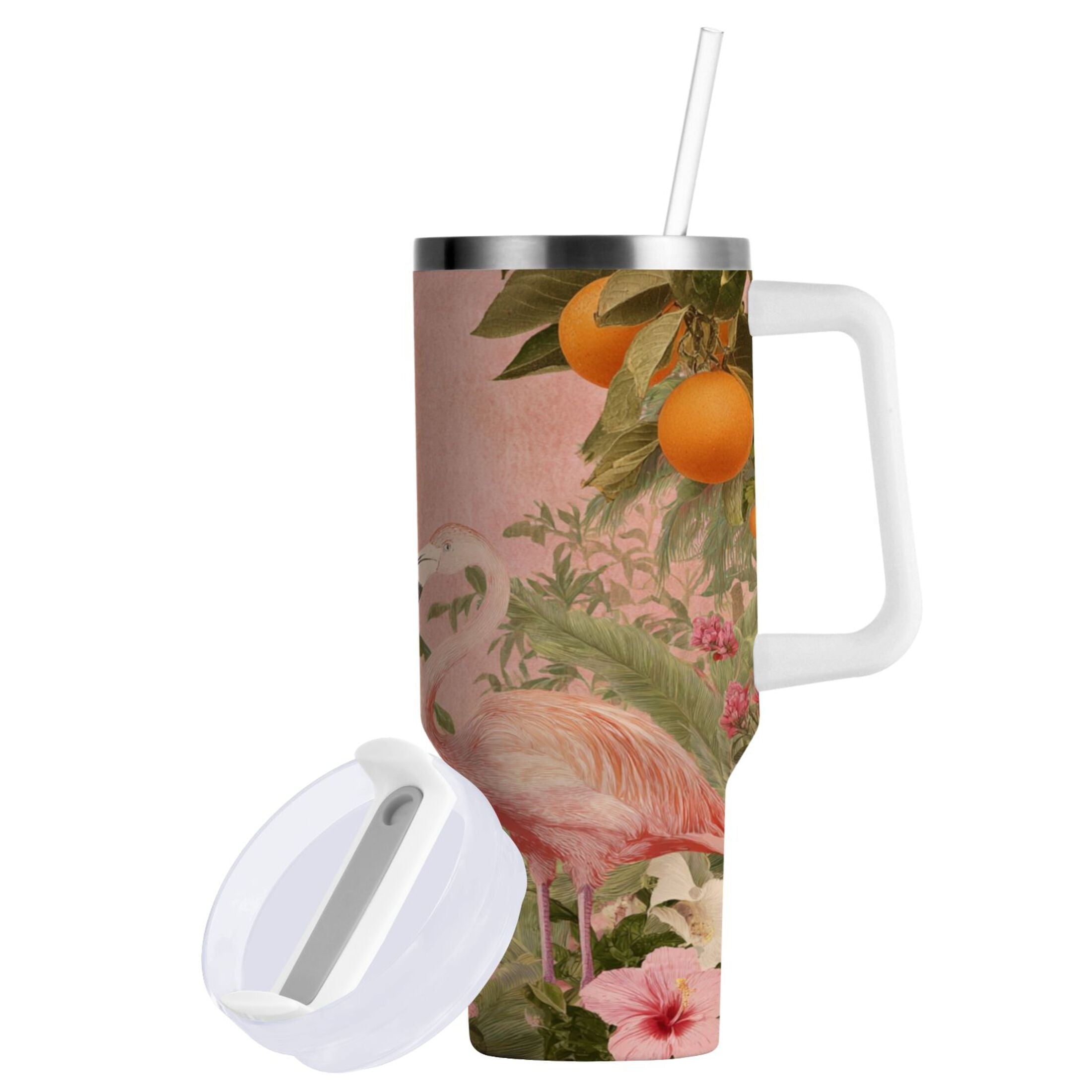 40 oz Insulated Stainless Steel Tumbler Double Wall Stainless Steel Tumbler with 2-Way Drinking Flamingos in Tropical Garden M666F