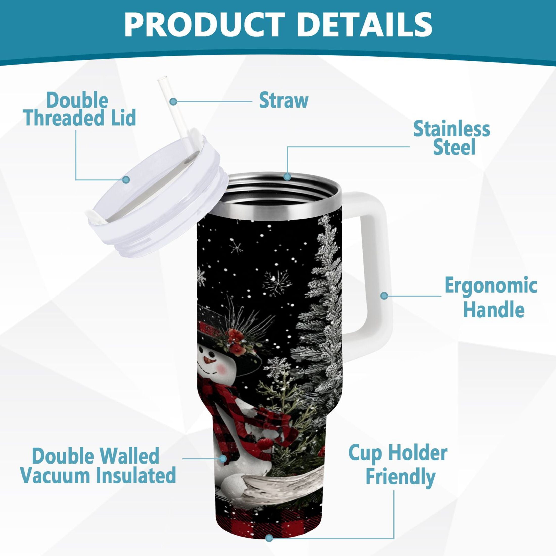 30 oz Insulated Stainless Steel Tumbler Double Wall Stainless Steel Tumbler with 2-Way Drinking Christmas Snowman M583C