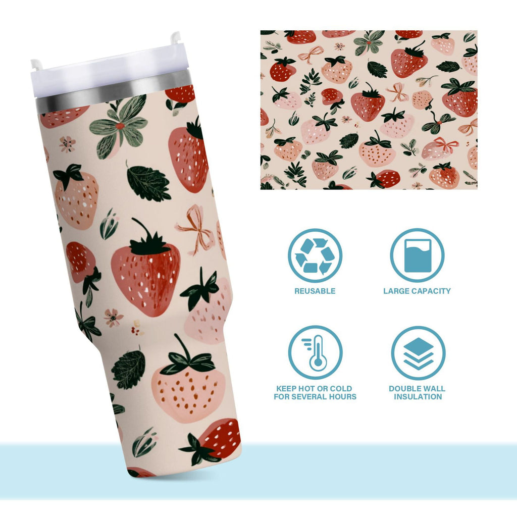 30 oz Insulated Stainless Steel Tumbler Double Wall Stainless Steel Tumbler with 2-Way Drinking Cute Pinks Strawberries M596A