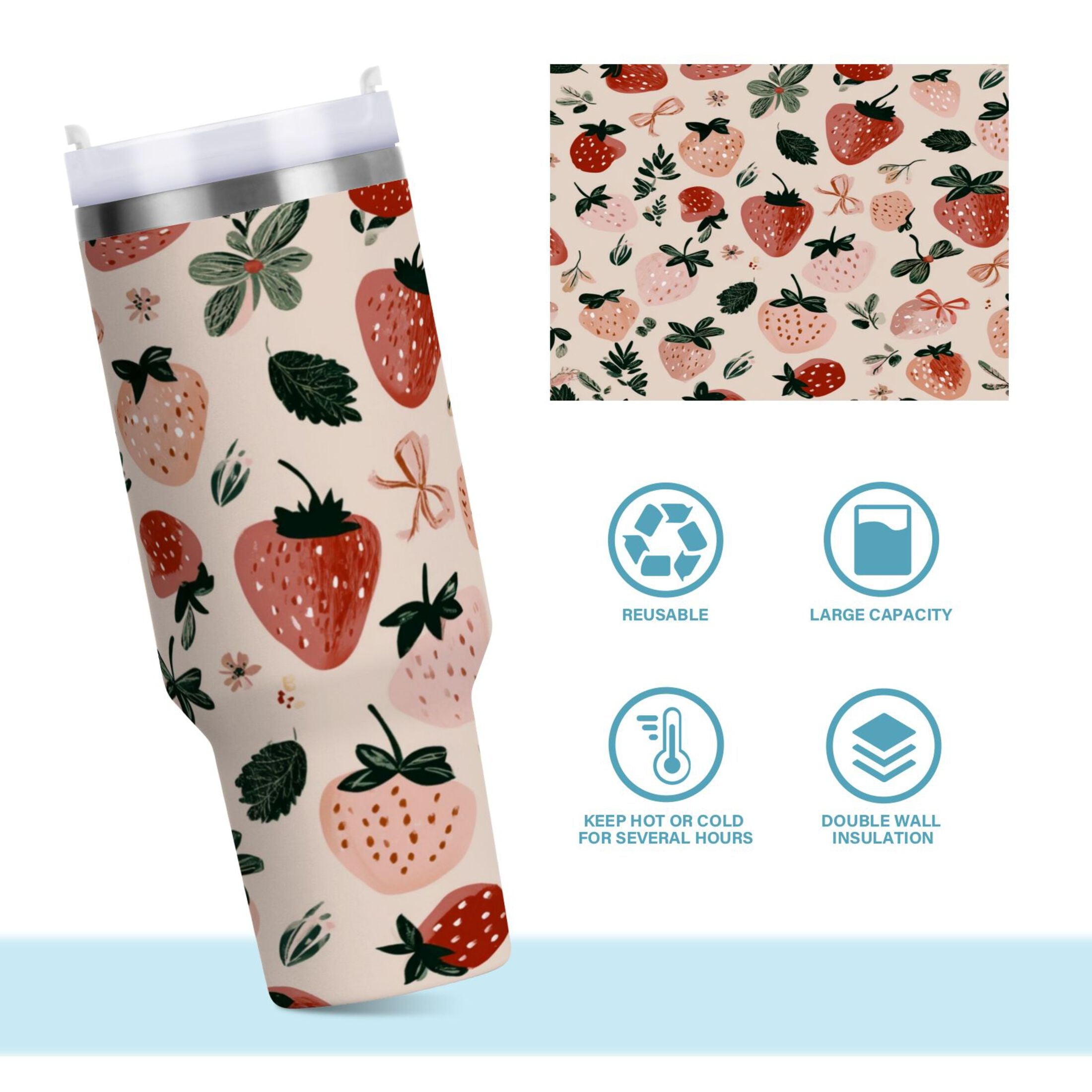 30 oz Insulated Stainless Steel Tumbler Double Wall Stainless Steel Tumbler with 2-Way Drinking Cute Pinks Strawberries M596A
