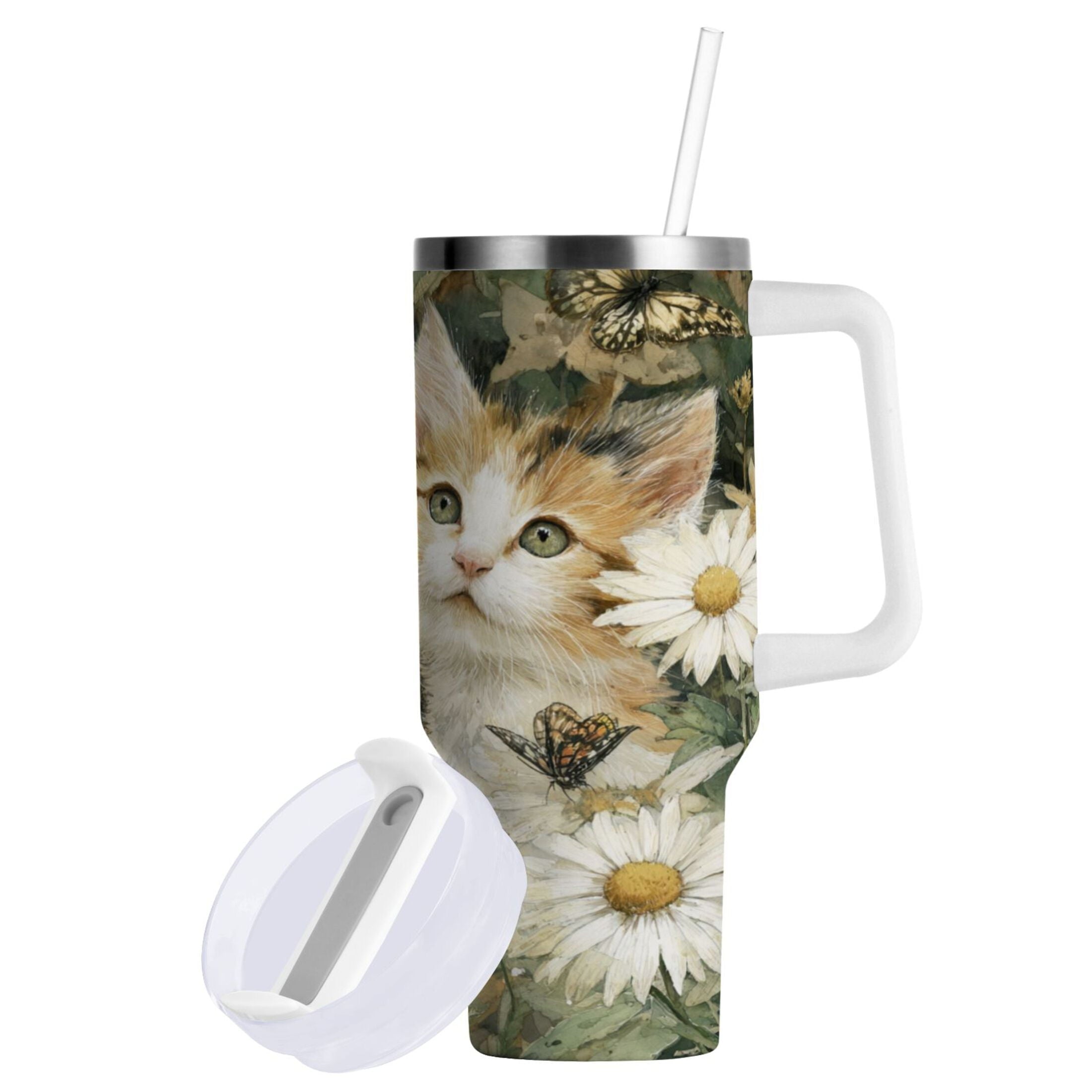30 oz Insulated Stainless Steel Tumbler Double Wall Stainless Steel Tumbler with 2-Way Drinking Adorable Cats and Daisies M602D