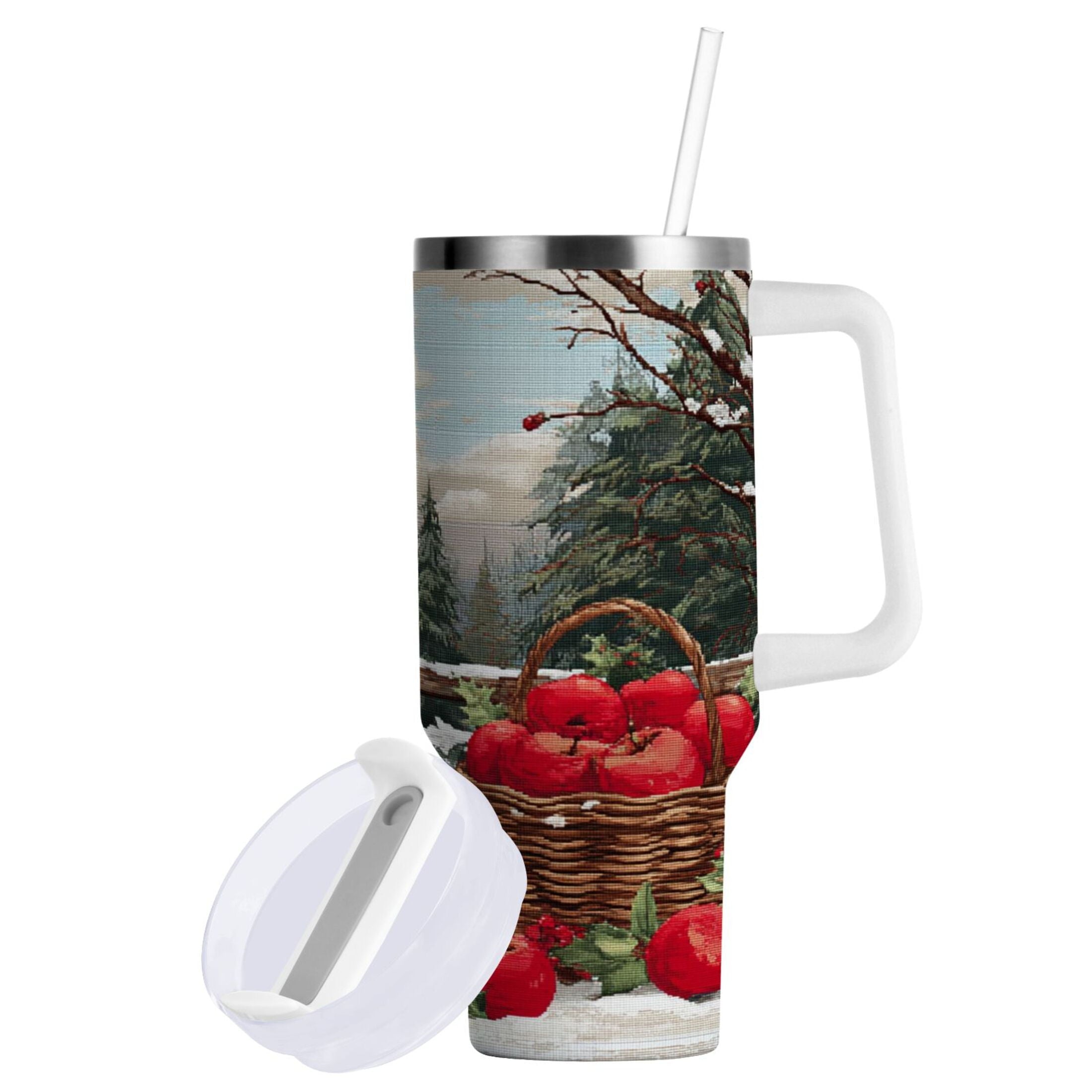 30 oz Insulated Stainless Steel Tumbler Double Wall Stainless Steel Tumbler with 2-Way Drinking Apples and Baskets M529T