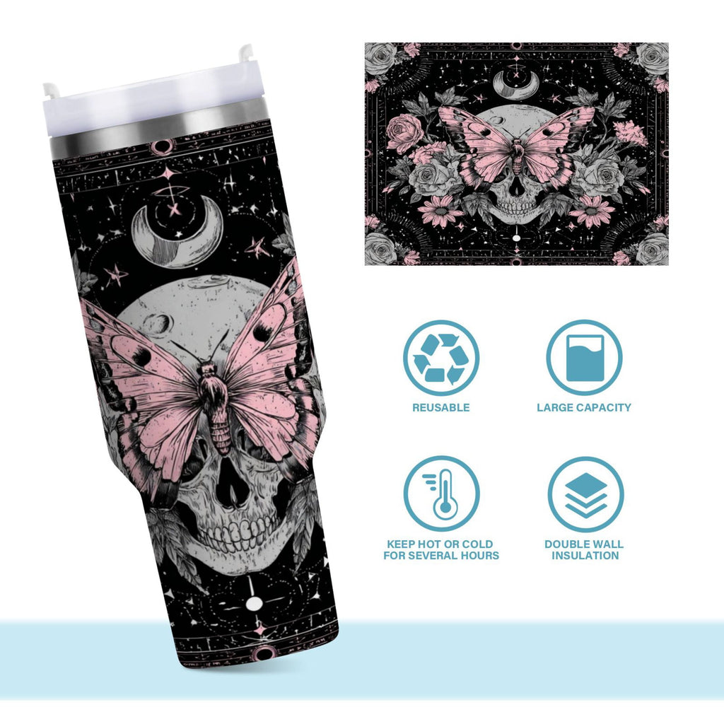 30 oz Insulated Stainless Steel Tumbler Double Wall Stainless Steel Tumbler with 2-Way Drinking Butterfly by Moon and Flowers M542U