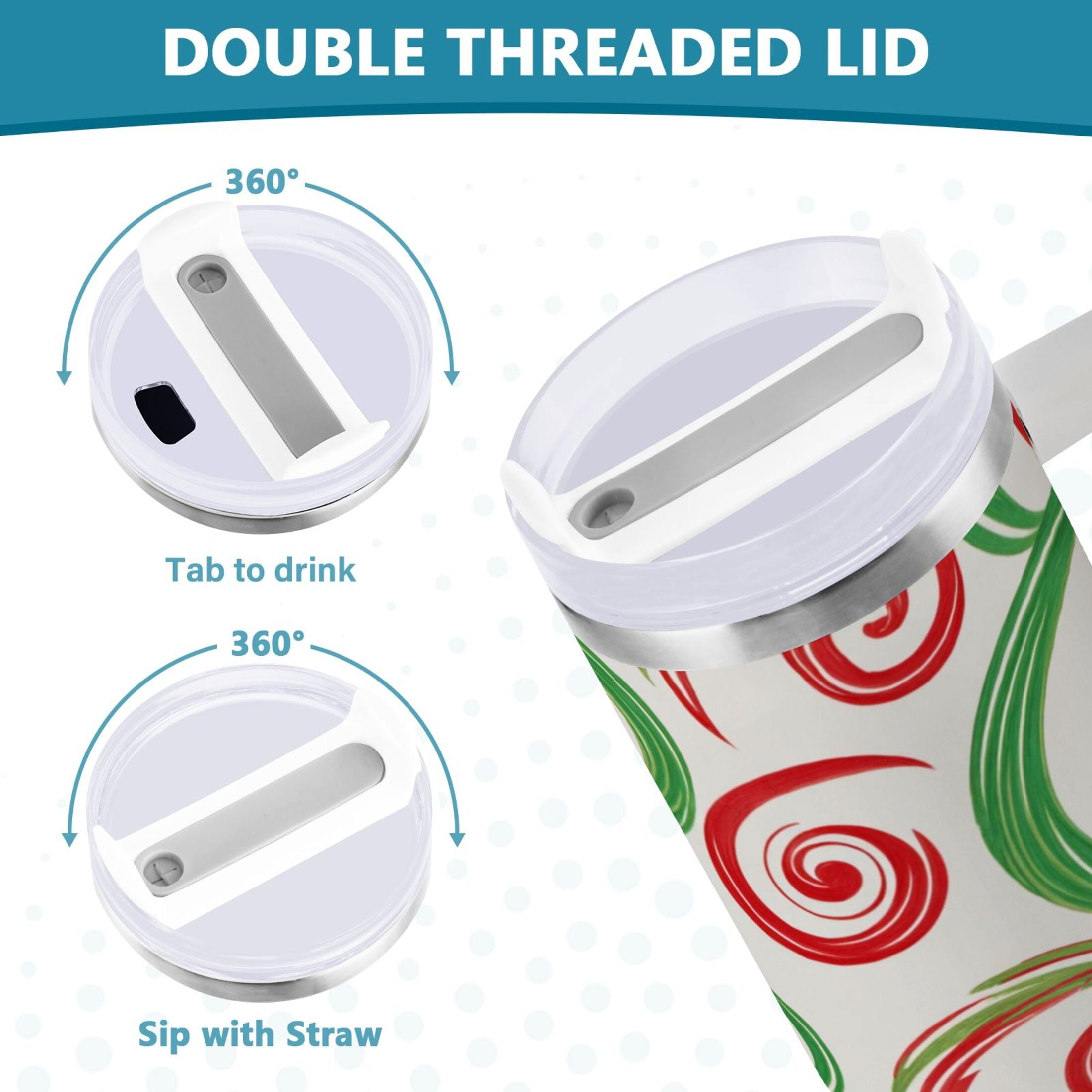 40 oz Insulated Stainless Steel Tumbler Double Wall Stainless Steel Tumbler with 2-Way Drinking Red and Green Swirls M539Y
