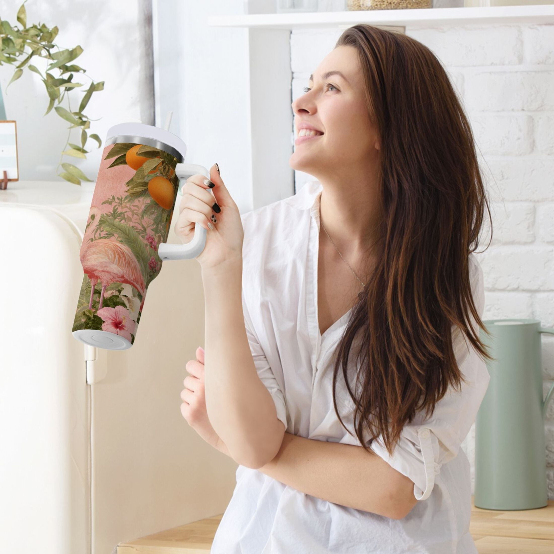 40 oz Insulated Stainless Steel Tumbler Double Wall Stainless Steel Tumbler with 2-Way Drinking Flamingos in Tropical Garden M666F