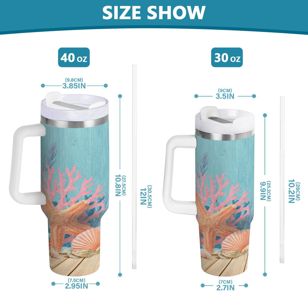 40 oz Insulated Stainless Steel Tumbler Double Wall Stainless Steel Tumbler with 2-Way Drinking Colorful Starfish and Seashells M636V