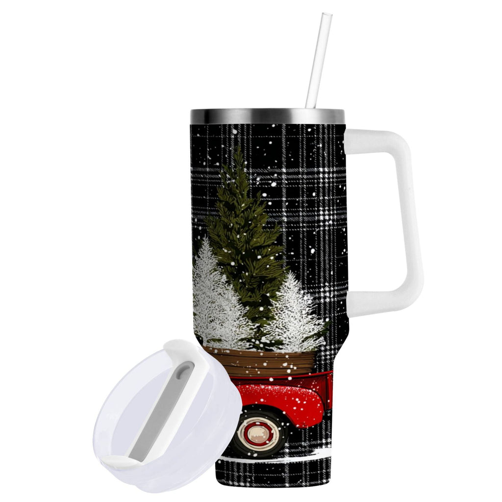 40 oz Insulated Stainless Steel Tumbler Double Wall Stainless Steel Tumbler with 2-Way Drinking Red Truck with Christmas Tree M669J