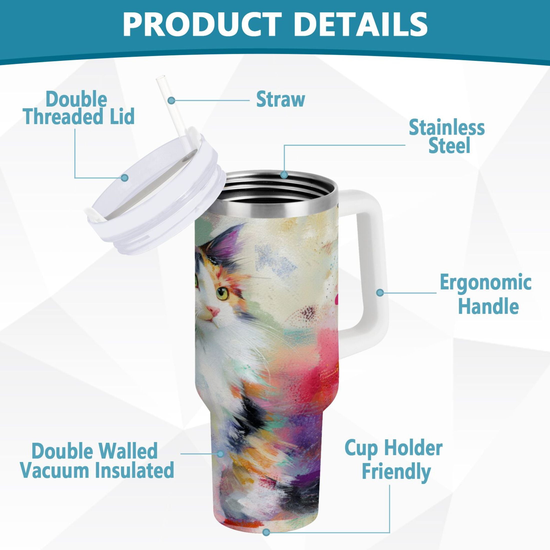 30 oz Insulated Stainless Steel Tumbler Double Wall Stainless Steel Tumbler with 2-Way Drinking Charming Hairy Cat M672B