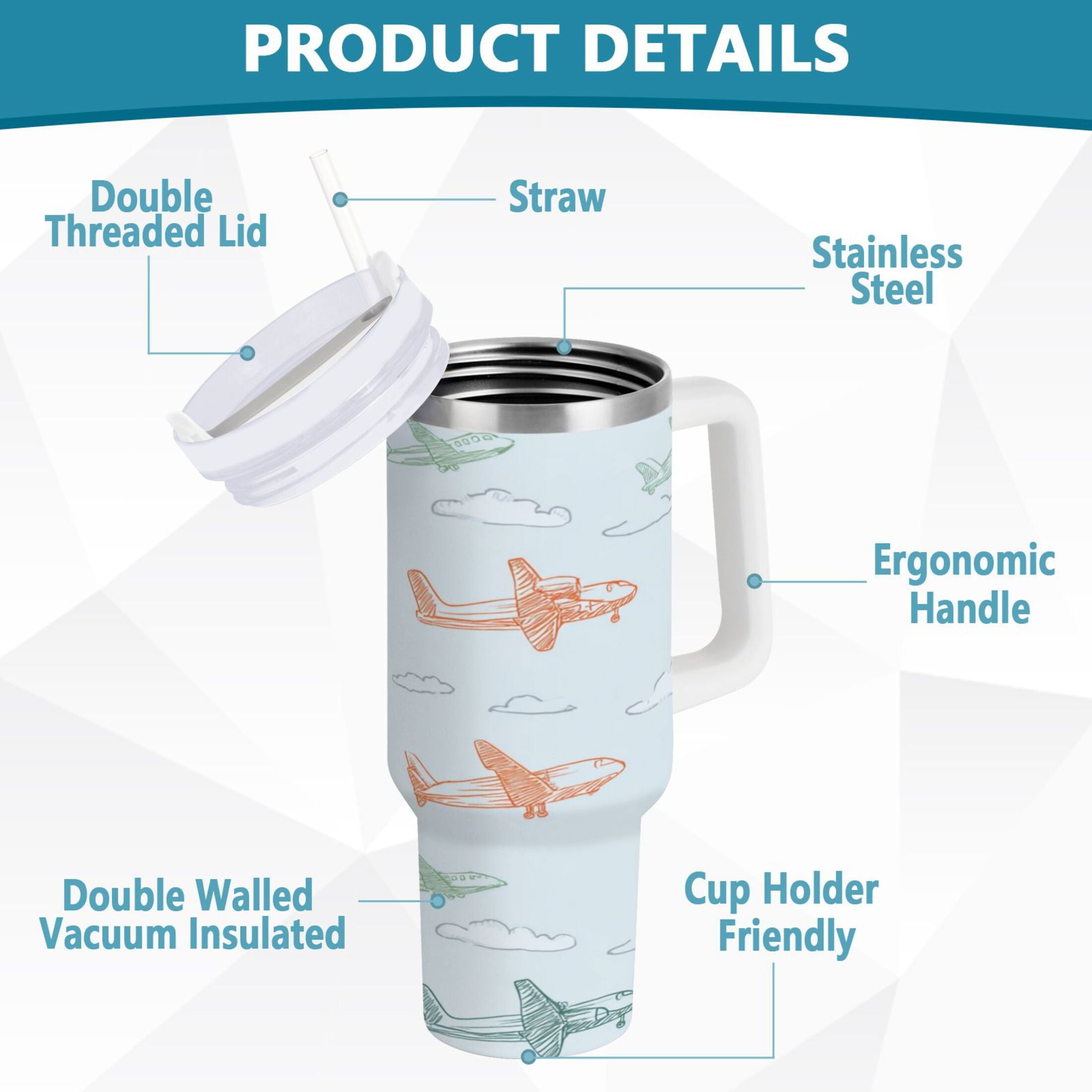 30 oz Insulated Stainless Steel Tumbler Double Wall Stainless Steel Tumbler with 2-Way Drinking Pastel Doodle Airplanes M593Z