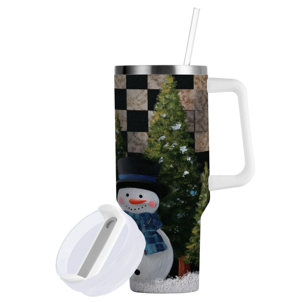 30 oz Insulated Stainless Steel Tumbler Double Wall Stainless Steel Tumbler with 2-Way Drinking Two Snowmen Pattern M501S