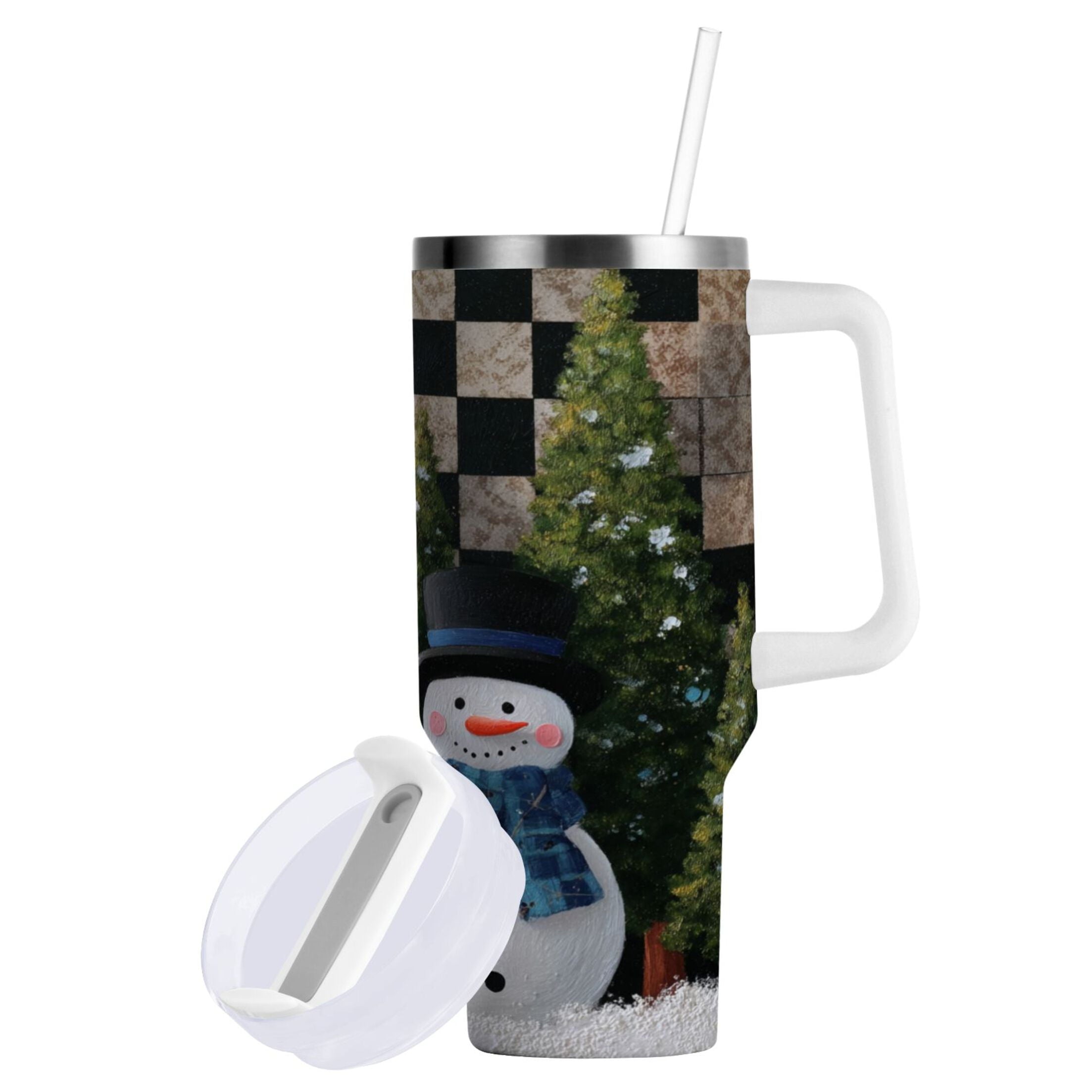 30 oz Insulated Stainless Steel Tumbler Double Wall Stainless Steel Tumbler with 2-Way Drinking Two Snowmen Pattern M501S