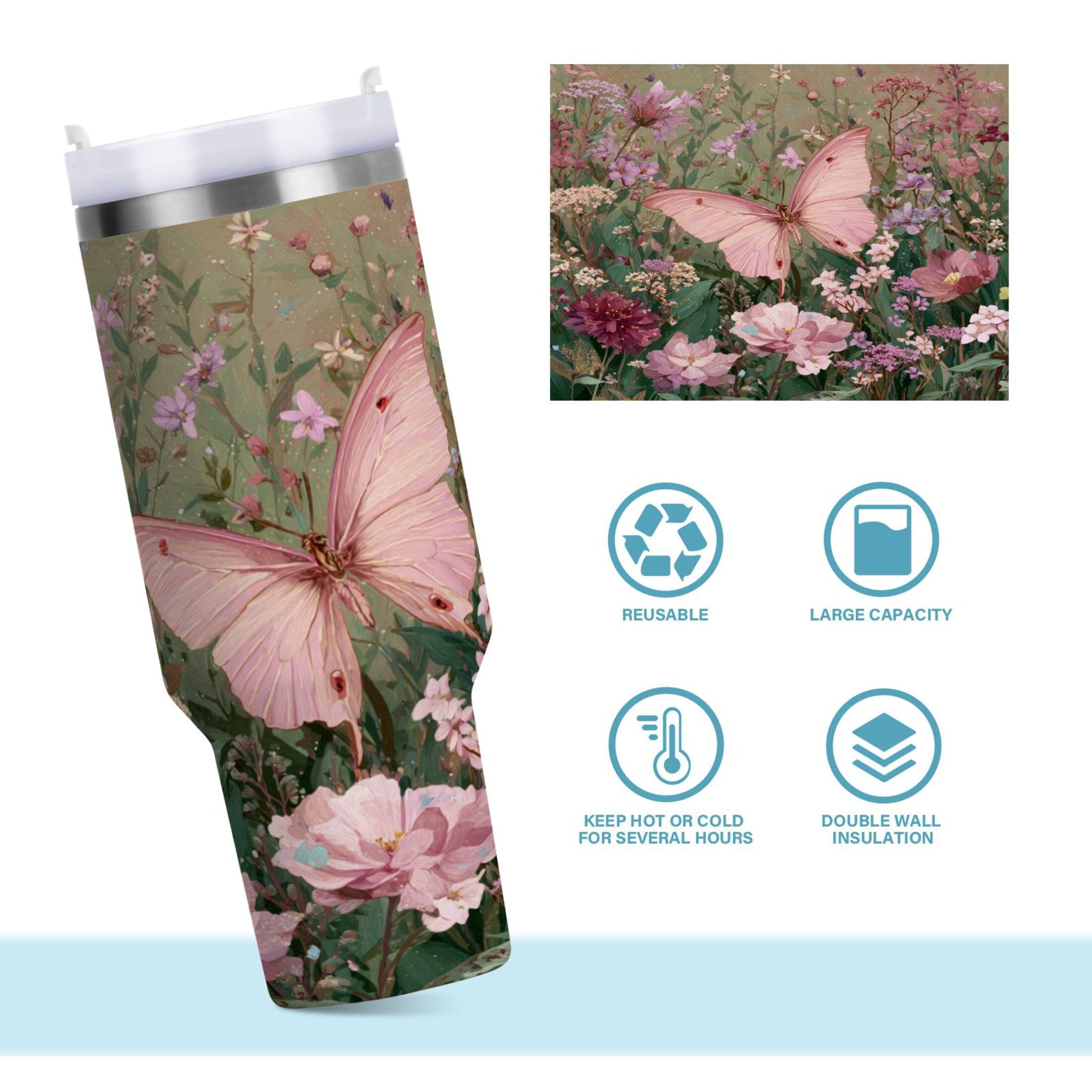 30 oz Insulated Stainless Steel Tumbler Double Wall Stainless Steel Tumbler with 2-Way Drinking Delicate Butterfly M643U