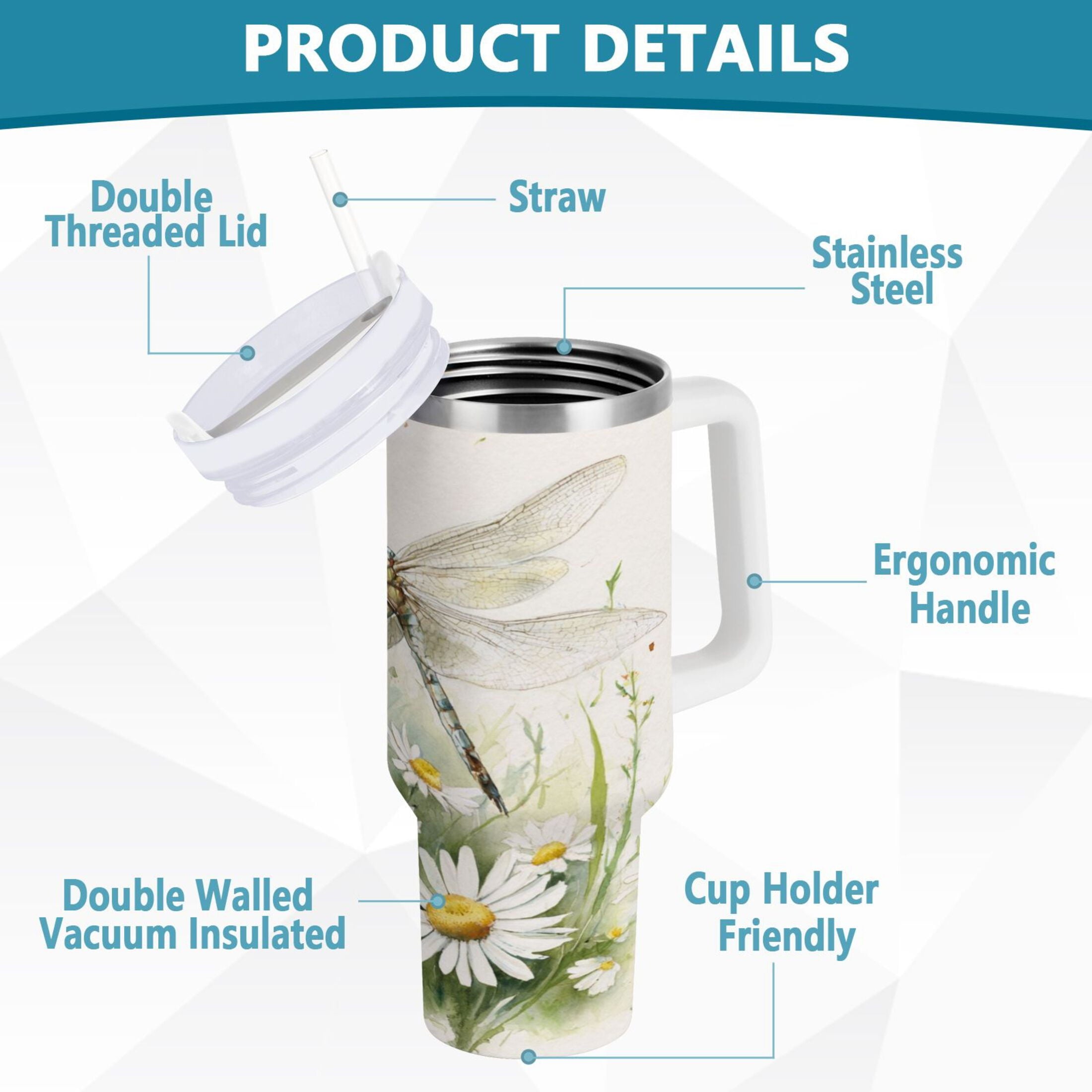 30 oz Insulated Stainless Steel Tumbler Double Wall Stainless Steel Tumbler with 2-Way Drinking Dragonflies with White Daisies M655U