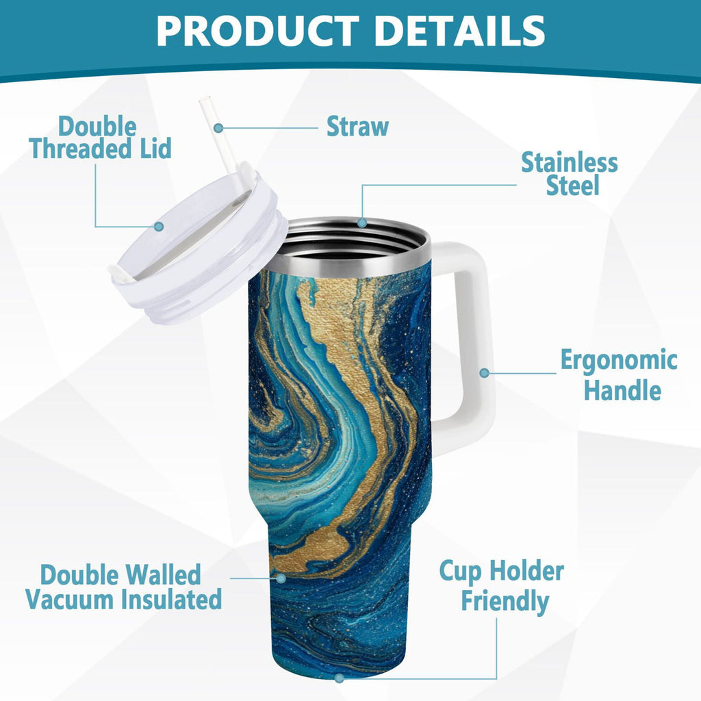 30 oz Insulated Stainless Steel Tumbler Double Wall Stainless Steel Tumbler with 2-Way Drinking Blue and Gold Ocean M507N