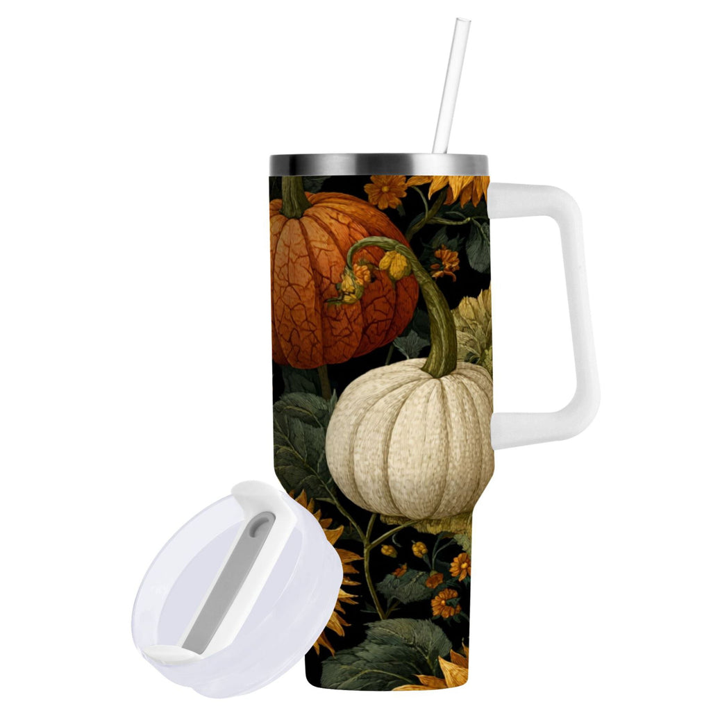 40 oz Insulated Stainless Steel Tumbler Double Wall Stainless Steel Tumbler with 2-Way Drinking Pumpkins and Sunflowers Pattern M560R