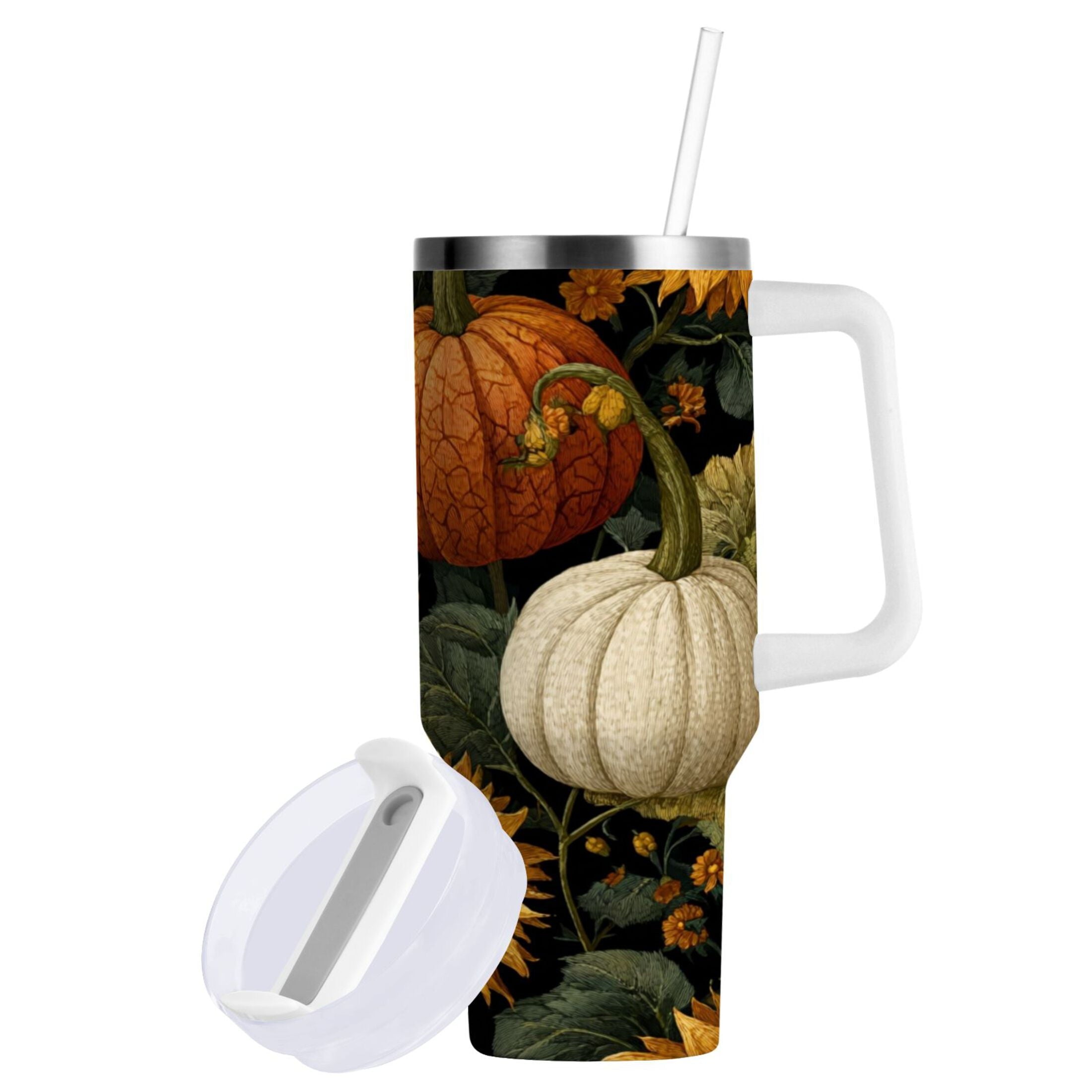 40 oz Insulated Stainless Steel Tumbler Double Wall Stainless Steel Tumbler with 2-Way Drinking Pumpkins and Sunflowers Pattern M560R