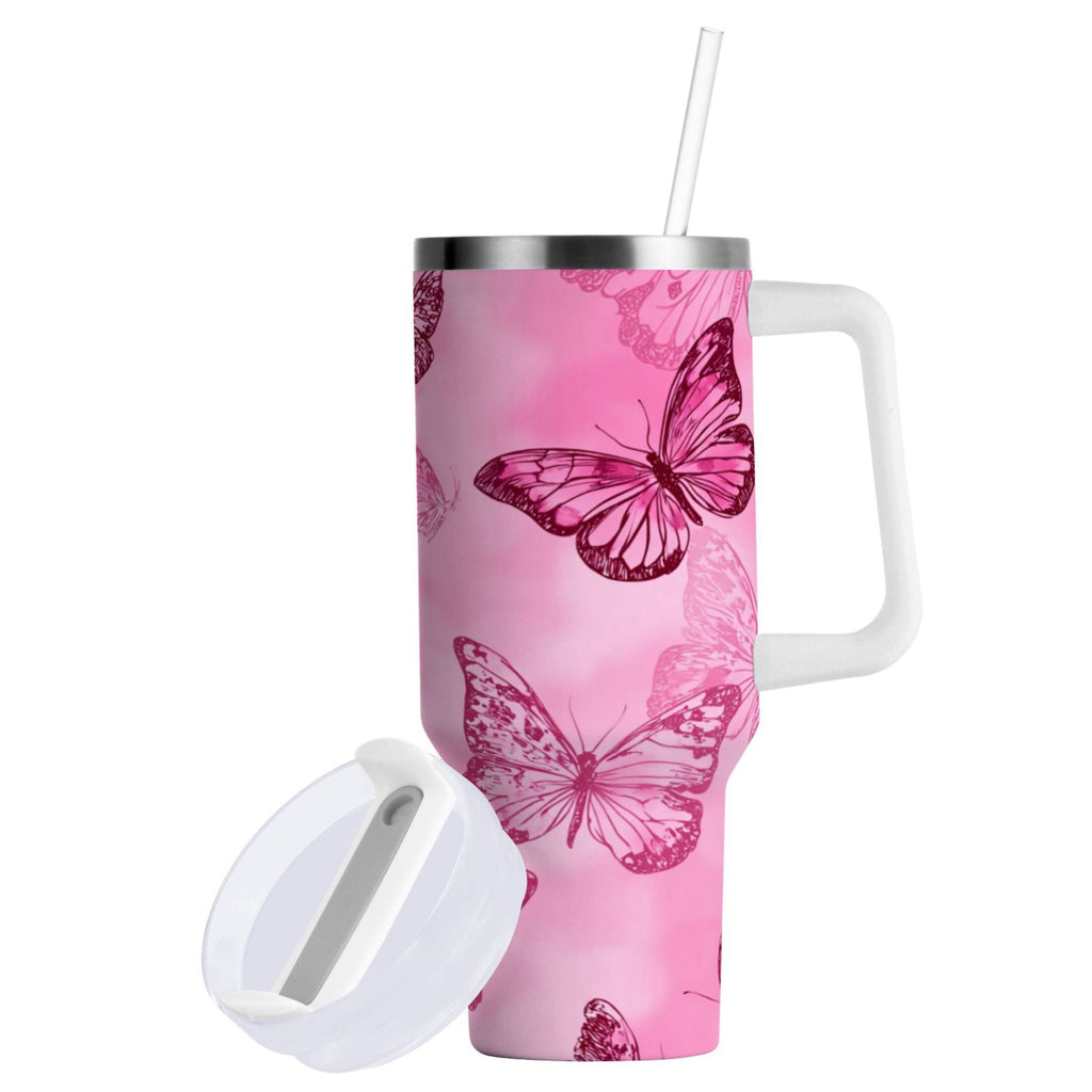 40 oz Insulated Stainless Steel Tumbler Double Wall Stainless Steel Tumbler with 2-Way Drinking Pink Butterfly Pattern M629A