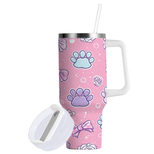 30 oz Insulated Stainless Steel Tumbler Double Wall Stainless Steel Tumbler with 2-Way Drinking Dog Paw Prints and Bows M648H