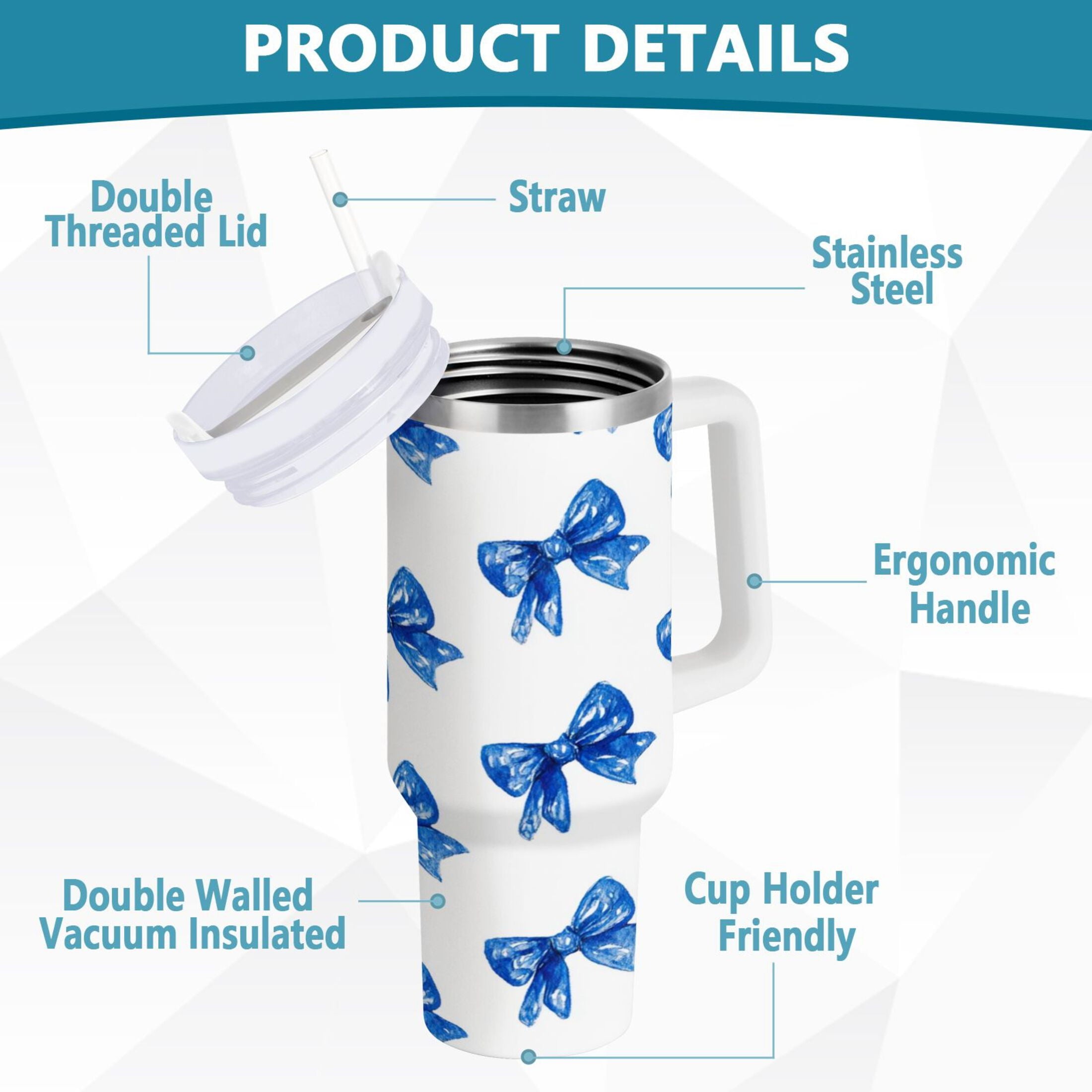 30 oz Insulated Stainless Steel Tumbler Double Wall Stainless Steel Tumbler with 2-Way Drinking Blue Bows Pattern M620T