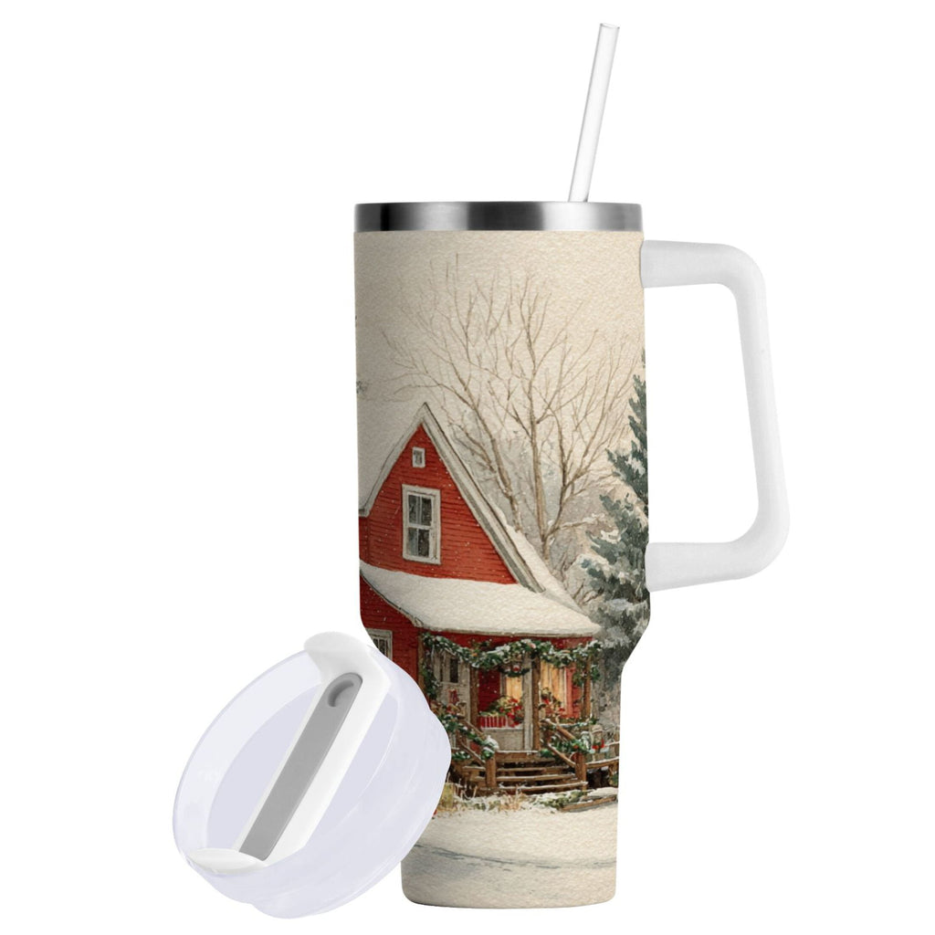 40 oz Insulated Stainless Steel Tumbler Double Wall Stainless Steel Tumbler with 2-Way Drinking House with Snow-covered Roof M674M