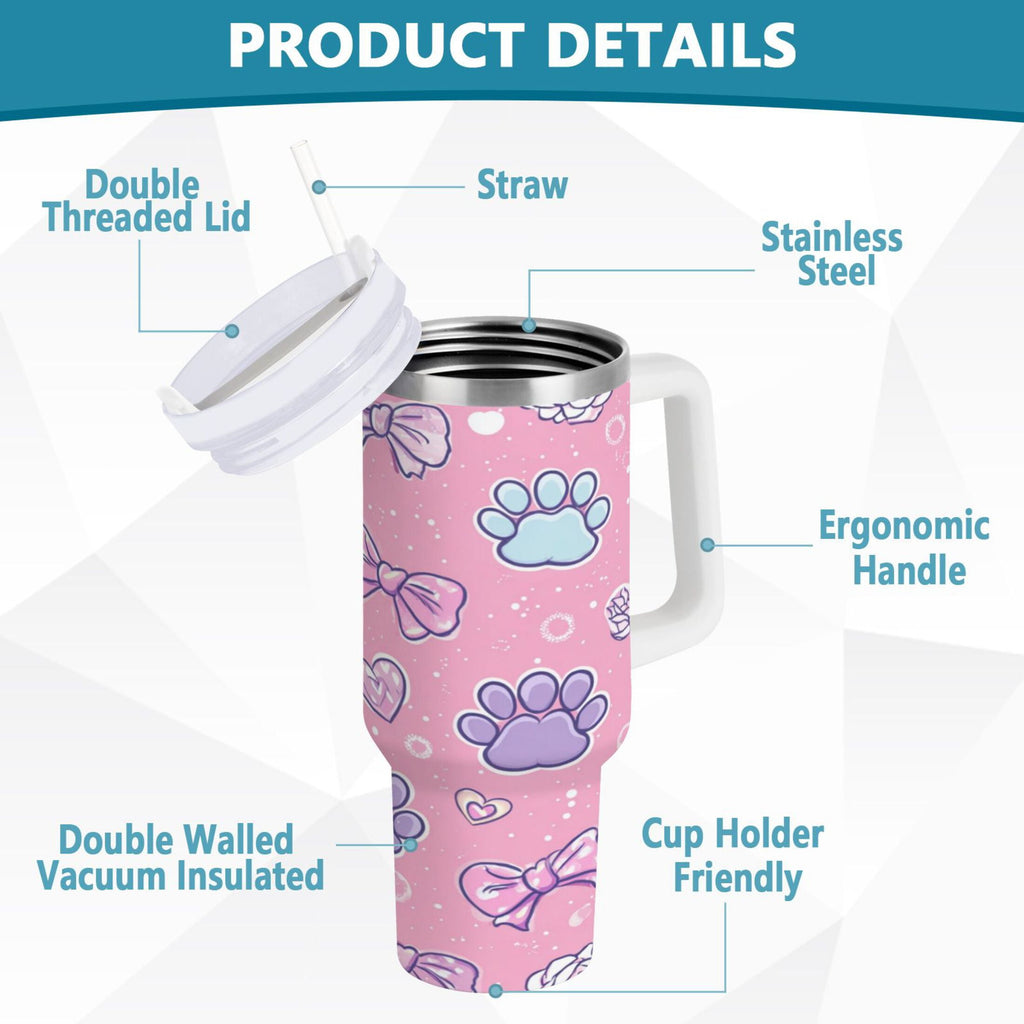 30 oz Insulated Stainless Steel Tumbler Double Wall Stainless Steel Tumbler with 2-Way Drinking Dog Paw Prints and Bows M648H