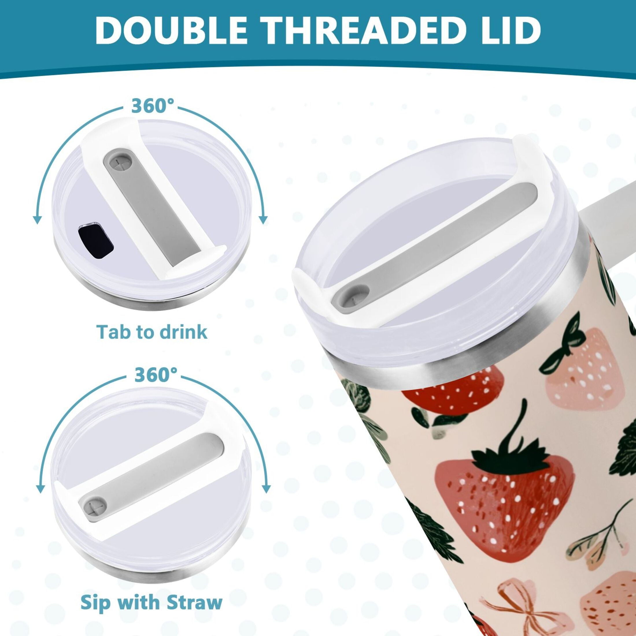 30 oz Insulated Stainless Steel Tumbler Double Wall Stainless Steel Tumbler with 2-Way Drinking Cute Pinks Strawberries M596A